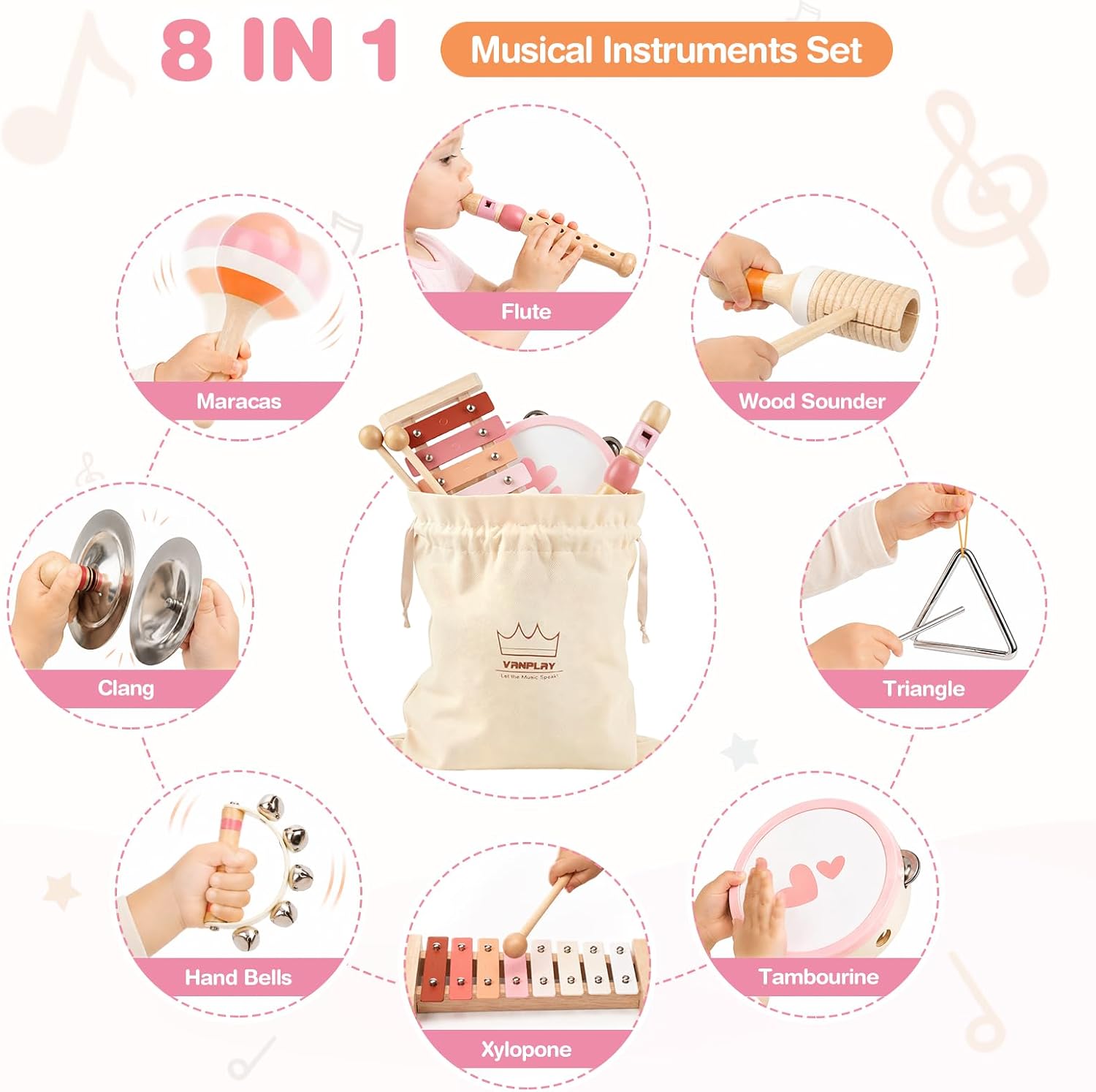 Thumbnail 3 de Kids Musical Instruments 8-in-1 Xylophone & Wooden Music Set (maracas, drum, bells and more)