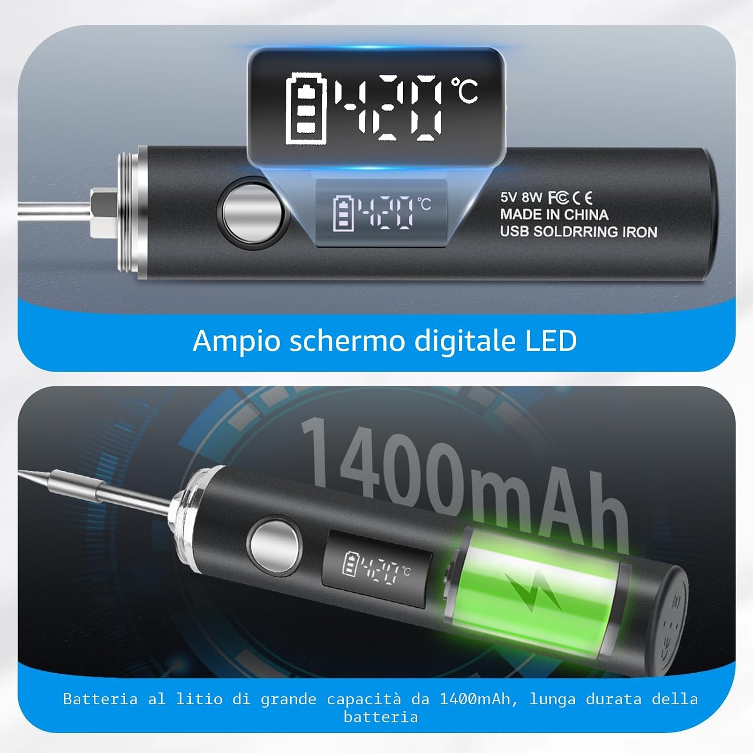 Detalle 2 de diymore Set saldatore a batteria: saldatore senza fili USB con 5 modalità di temperatura (260–420°C) e 3 punte