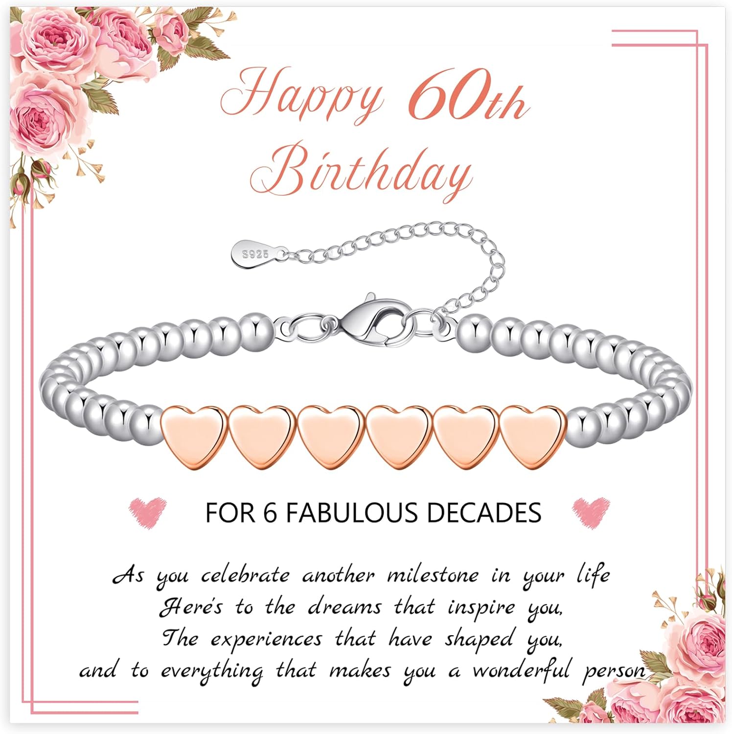 Thumbnail 5 de BMMYE 40th Birthday Silver Bead Bracelet with Rose Gold Hearts – Adjustable Sterling Silver Gift