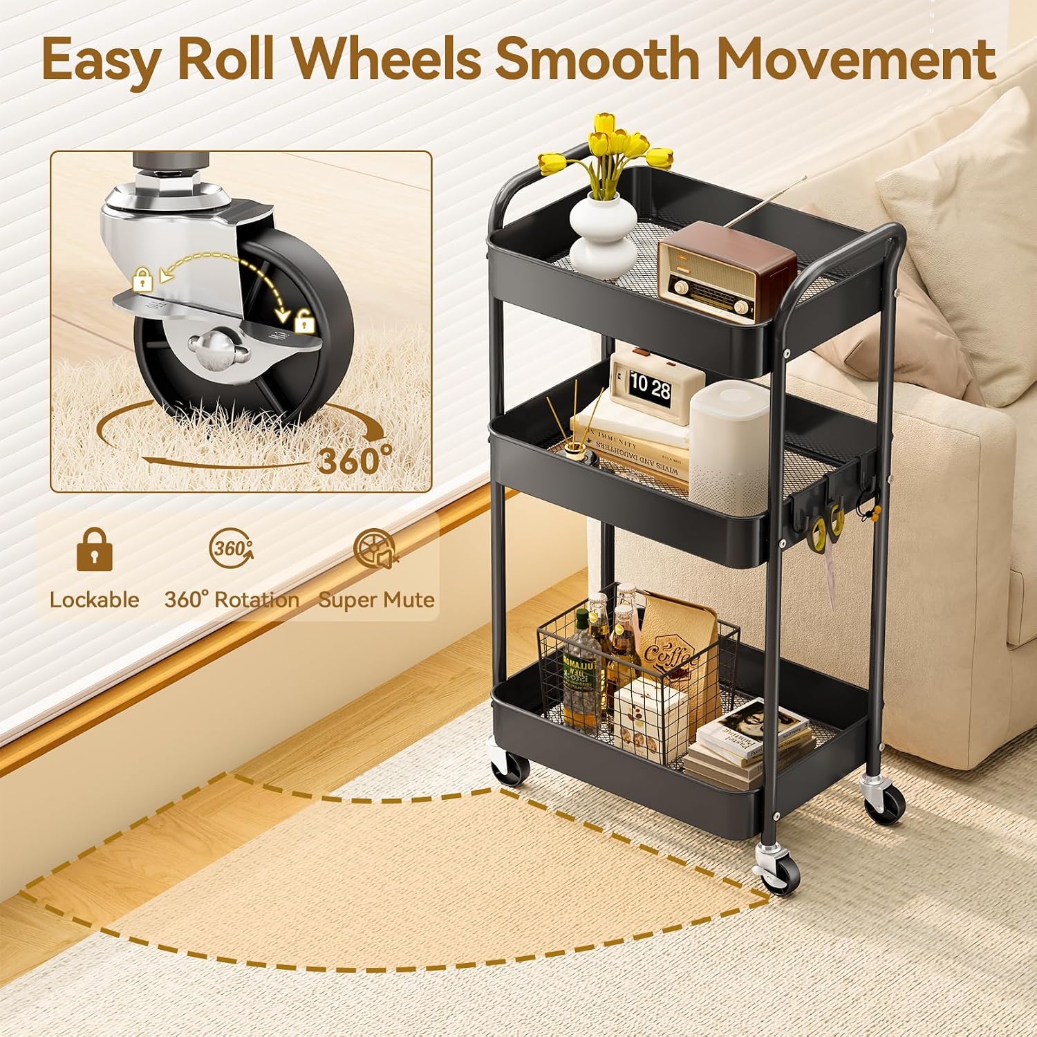 Detalle de YASONIC YS-306 3-Tier Metal Rolling Cart with Locking Wheels, Black