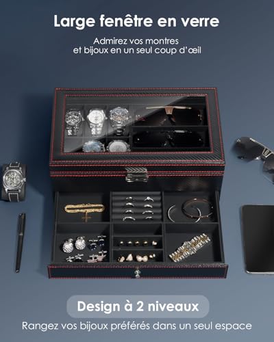 Thumbnail 3 de Kukikan Étui pour montre design – boîte à bijoux à 2 niveaux avec couvercle en verre et serrure