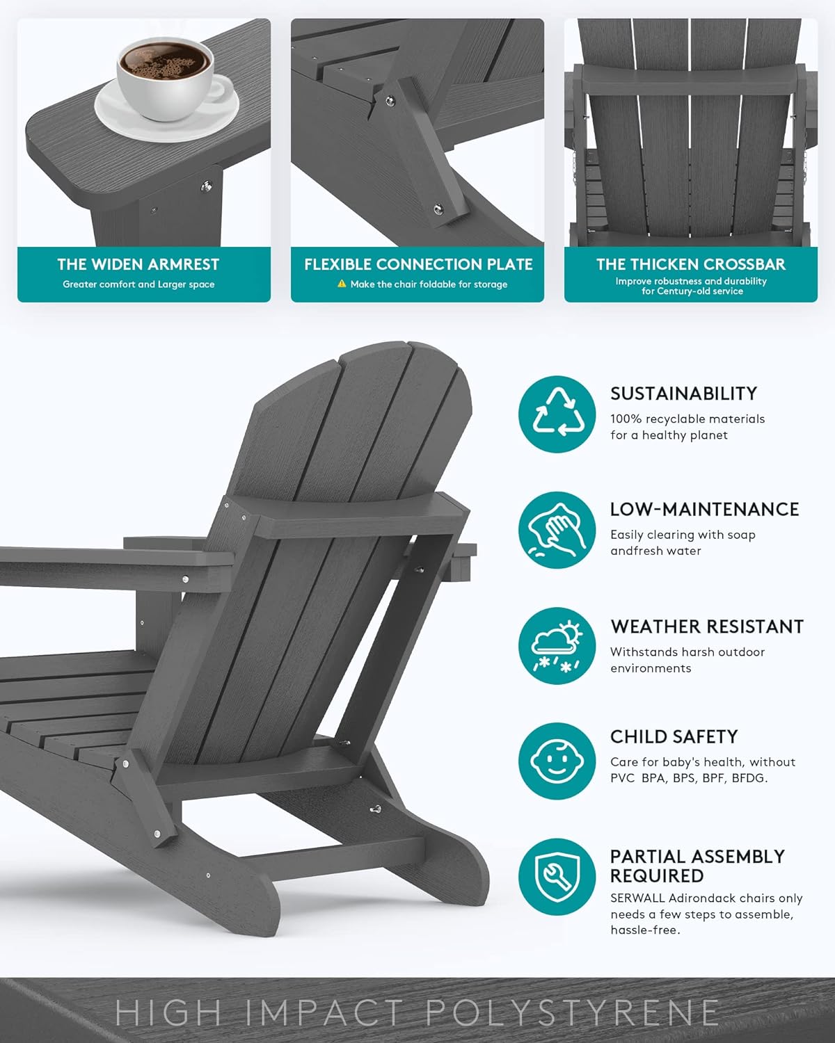 Detalle 2 de SERWALL A041-181 Folding Adirondack Chair, Gray HIPS with Hidden Cup Holder