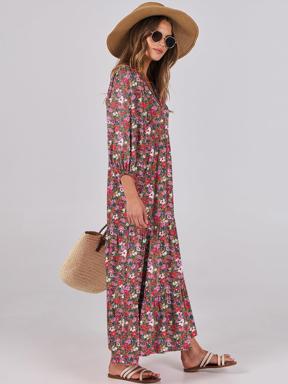 Thumbnail 3 de ANRABESS Women's Boho Floral 3/4 Puff Sleeve Maxi Dress