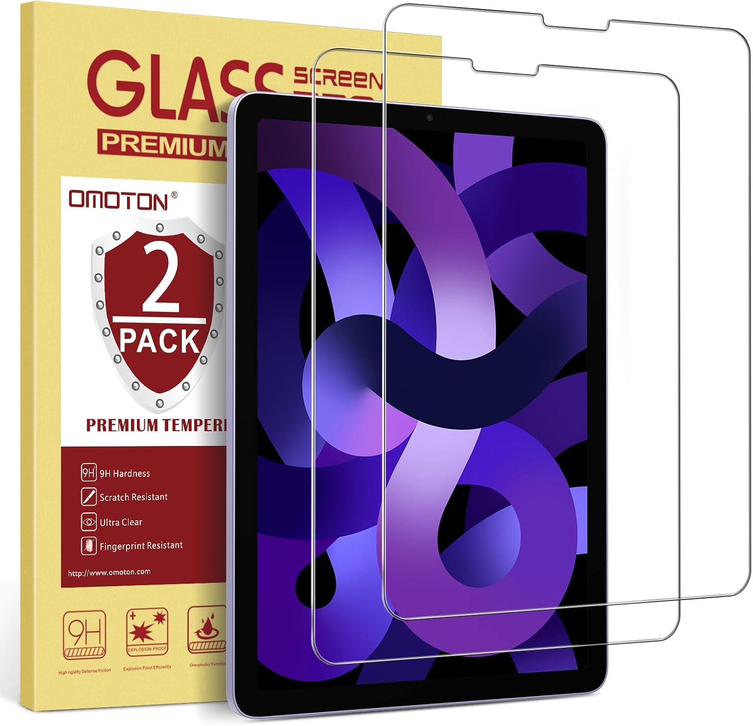 Detalle de OMOTON iPad Air 5th 4th Screen Protector, 9H Tempered Glass, 2-Pack