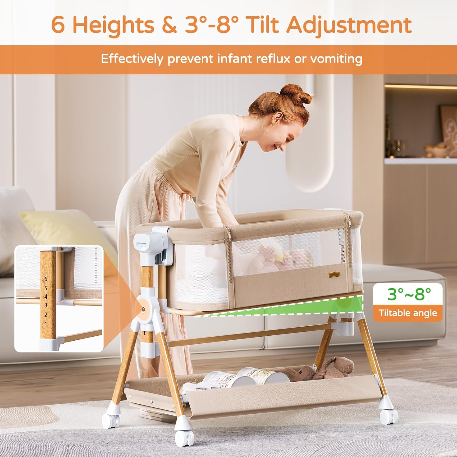Thumbnail 4 de kingobabys HM-P601 3-in-1 Baby Bassinet, 6 Heights, Mesh Sides, Khaki