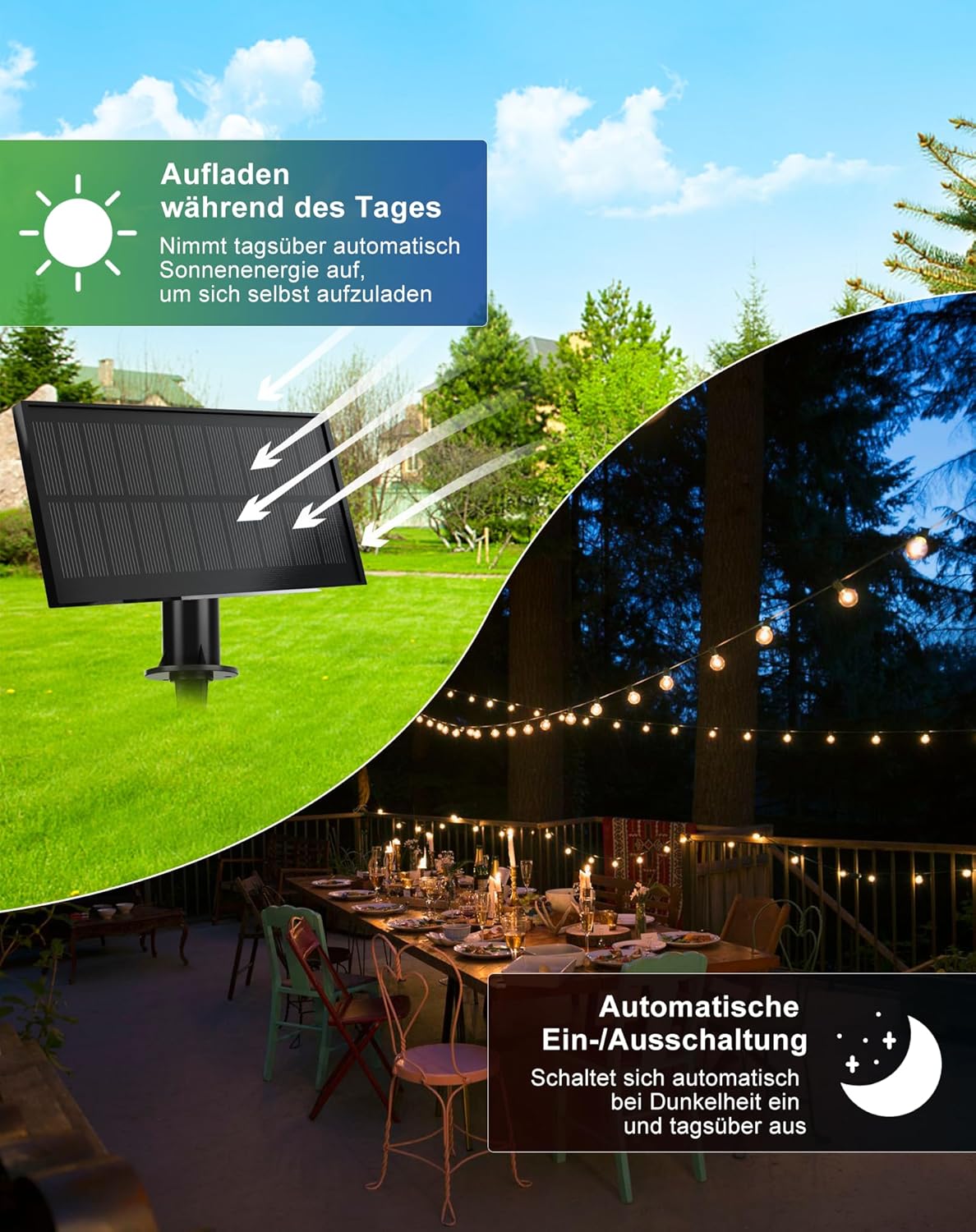 Thumbnail 3 de Zuske Solar Lichterkette Außen 9,5 m – 15+1 G40 LED, IP65, 5 Modi, USB-C Lademöglichkeit