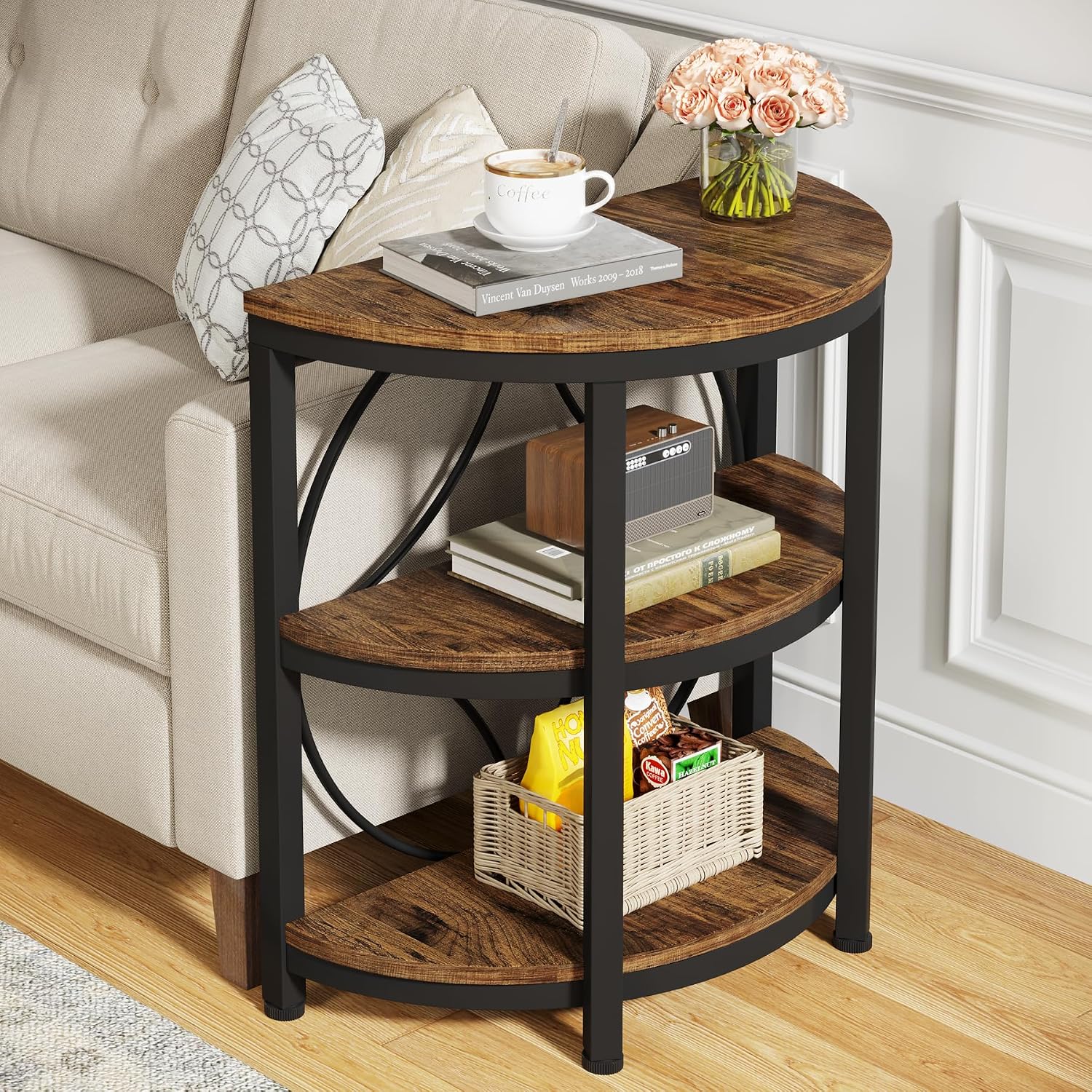 Detalle de Tribesigns JW0589 Half-Moon Side Table, 3-Tier Storage, Metal Frame