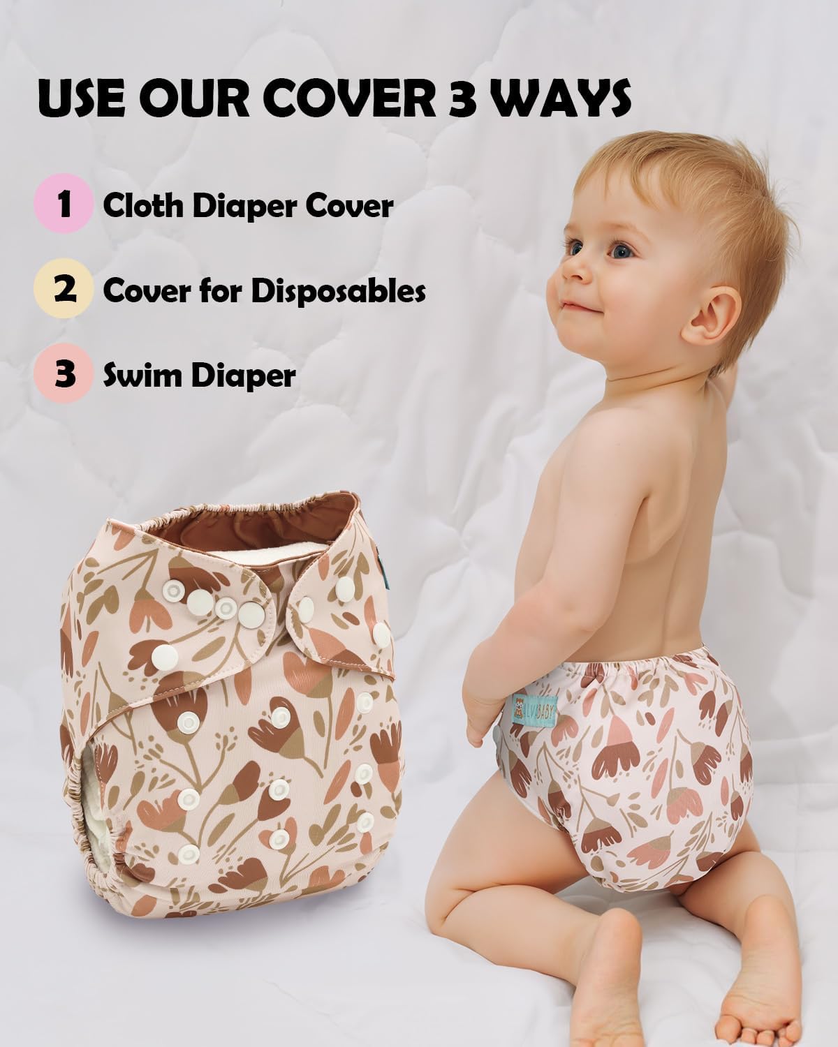 Detalle de ALVA 3CDC06-CA Cloth Diaper Cover, 3-Pack Adjustable Reusable Shells