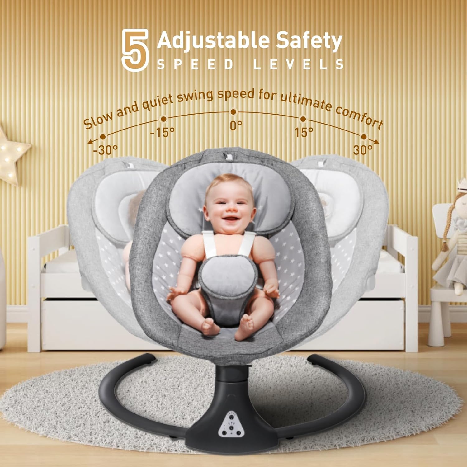 Detalle de Kisdream Baby Swing Chair with Bluetooth Remote – Cordless 5-Speed, 12 Lullabies, 3 Angles, 5-Point Harness