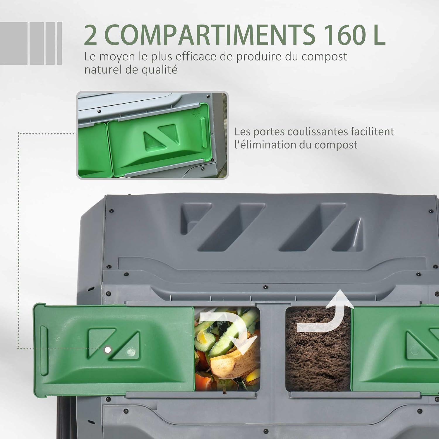Detalle de Outsunny Composteur de Jardin – Bac à Compost 2 chambres 160 L, rotation 360°, gris