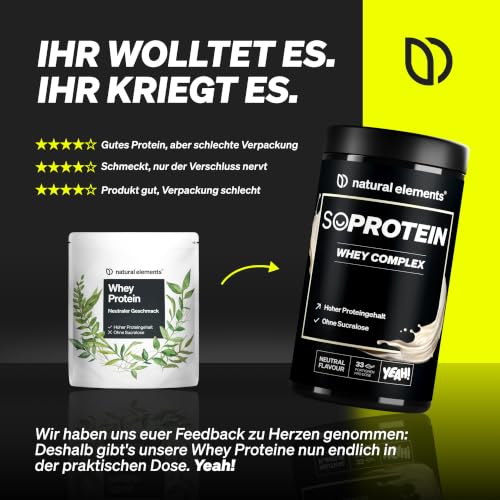 Detalle 2 de Natural Elements Whey Protein Pulver Neutral 1kg – 25 g Protein pro Portion
