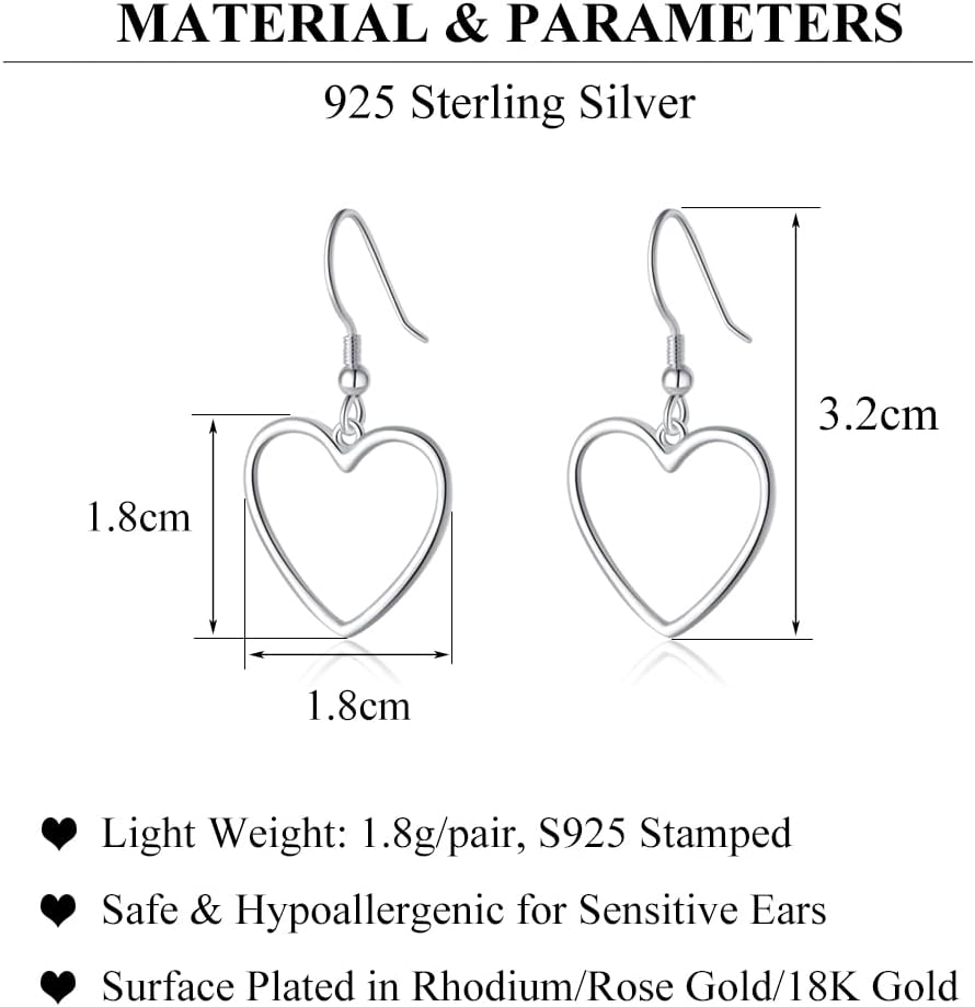 Detalle de SLUYNZ Solid 925 Sterling Silver Hollow Heart Drop Earrings