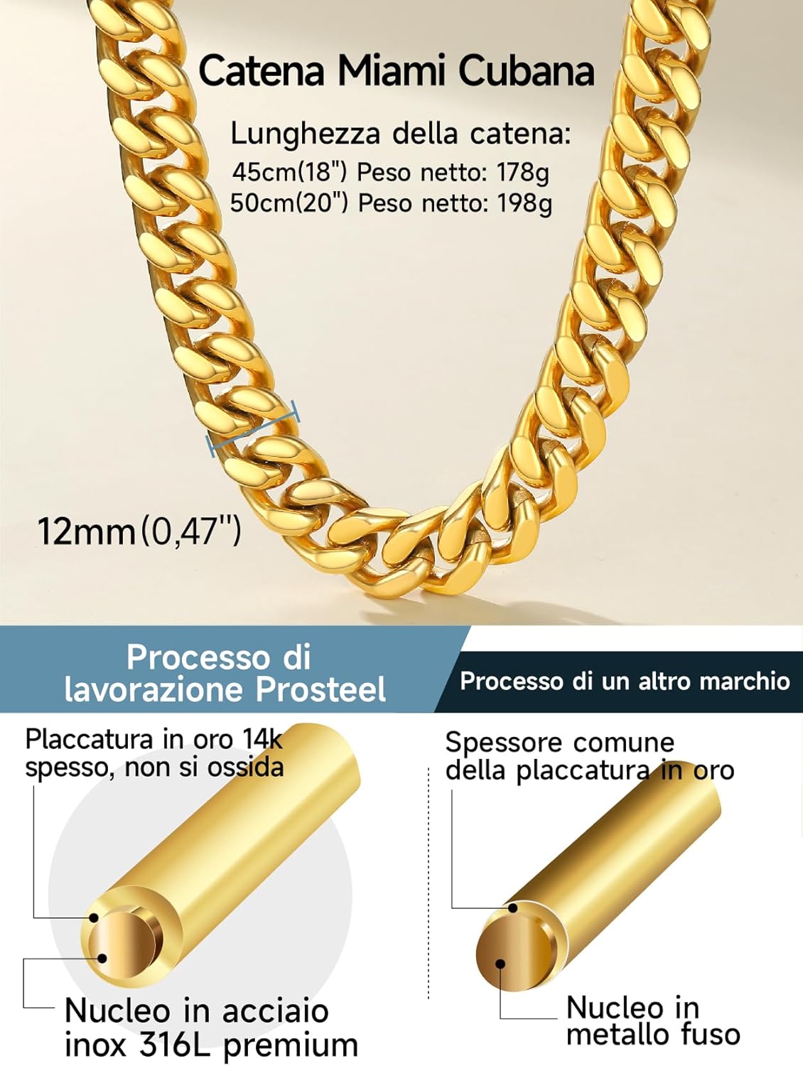 Thumbnail 2 de PROSTEEL Punk Collana Donna a Catena Cubana 5/12/14 mm in Acciaio Inossidabile 316L – Oro lucido o Acciaio metallico