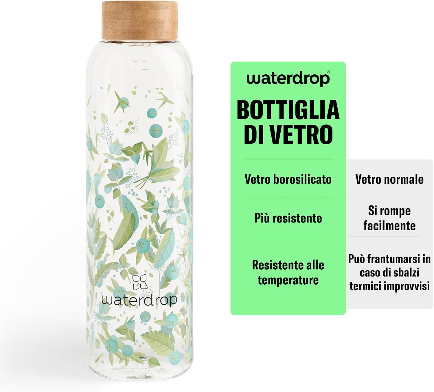 Detalle de waterdrop Borraccia in Vetro 600ml – design personalizzabile, tappo in bambù e custodietta in neoprene