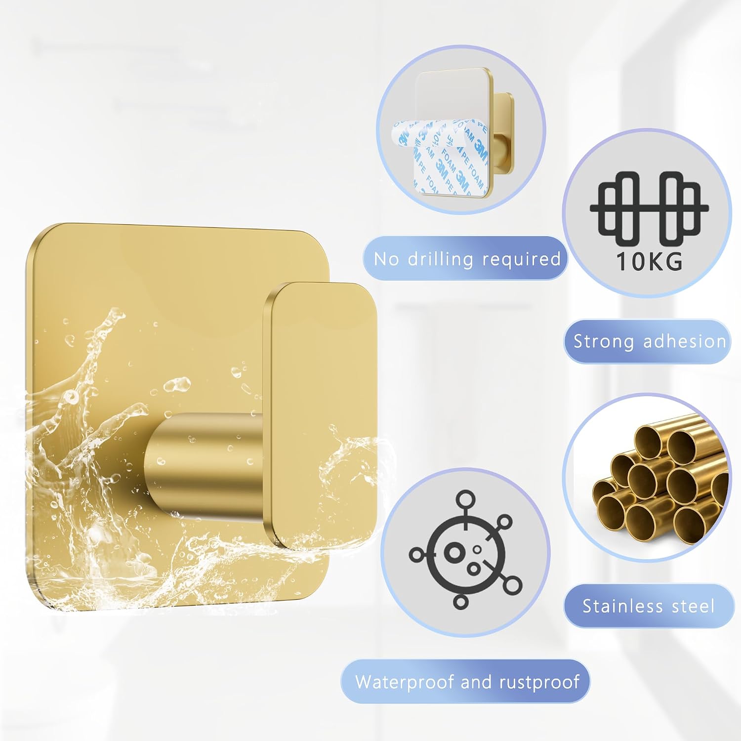 Detalle de Aikzik 4 Pack Self Adhesive Hooks – Over 10kg Load, Gold Finish, Stainless Steel, No-Drill Hanging
