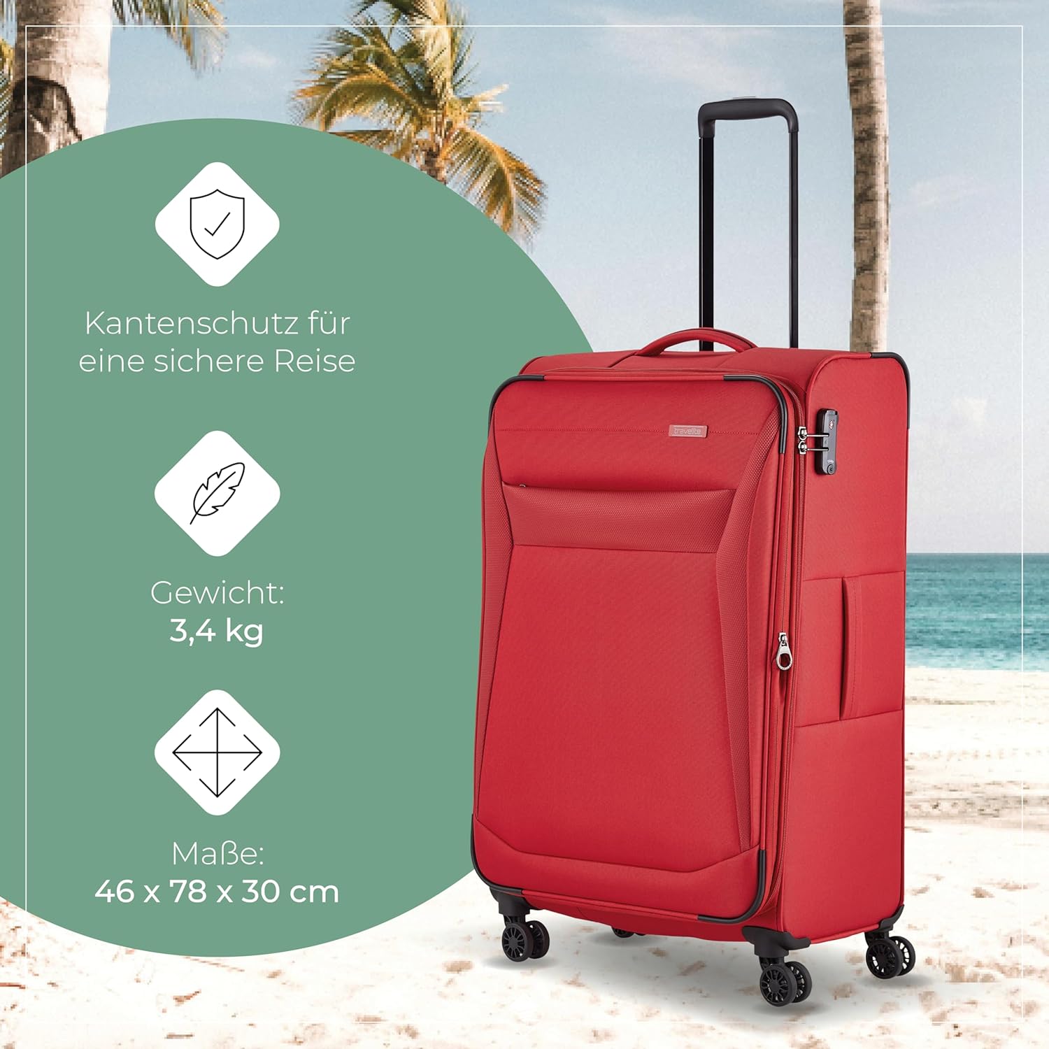 Detalle de Travelite CHIOS 4-Rad Koffer Größe L – Weichschale, 90–97 L, 78 x 46 x 30 cm, TSA-Schloss, Dehnfalte, Kantenschutz