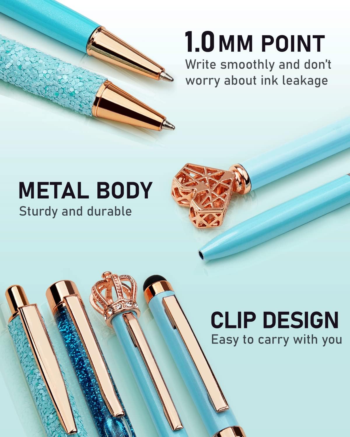 Detalle de WEMATE 8Pcs Ballpoint Pens Set – Blue Ink, Metallic Design, Ideal Gift for Bridesmaids and Office Use