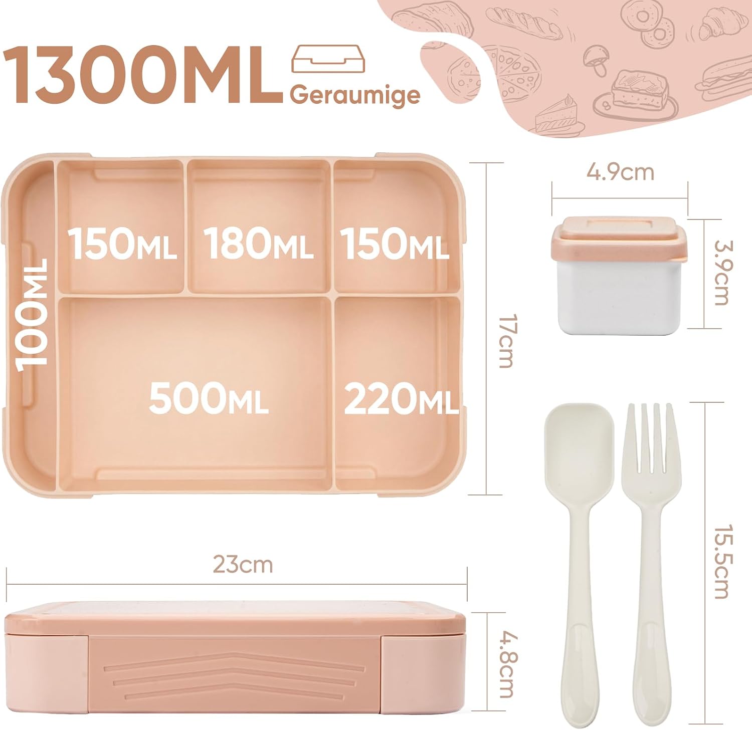 Detalle de Bibury lunchbox voor kinderen, 1.300 ml, 5 vakken en apart sausbakje