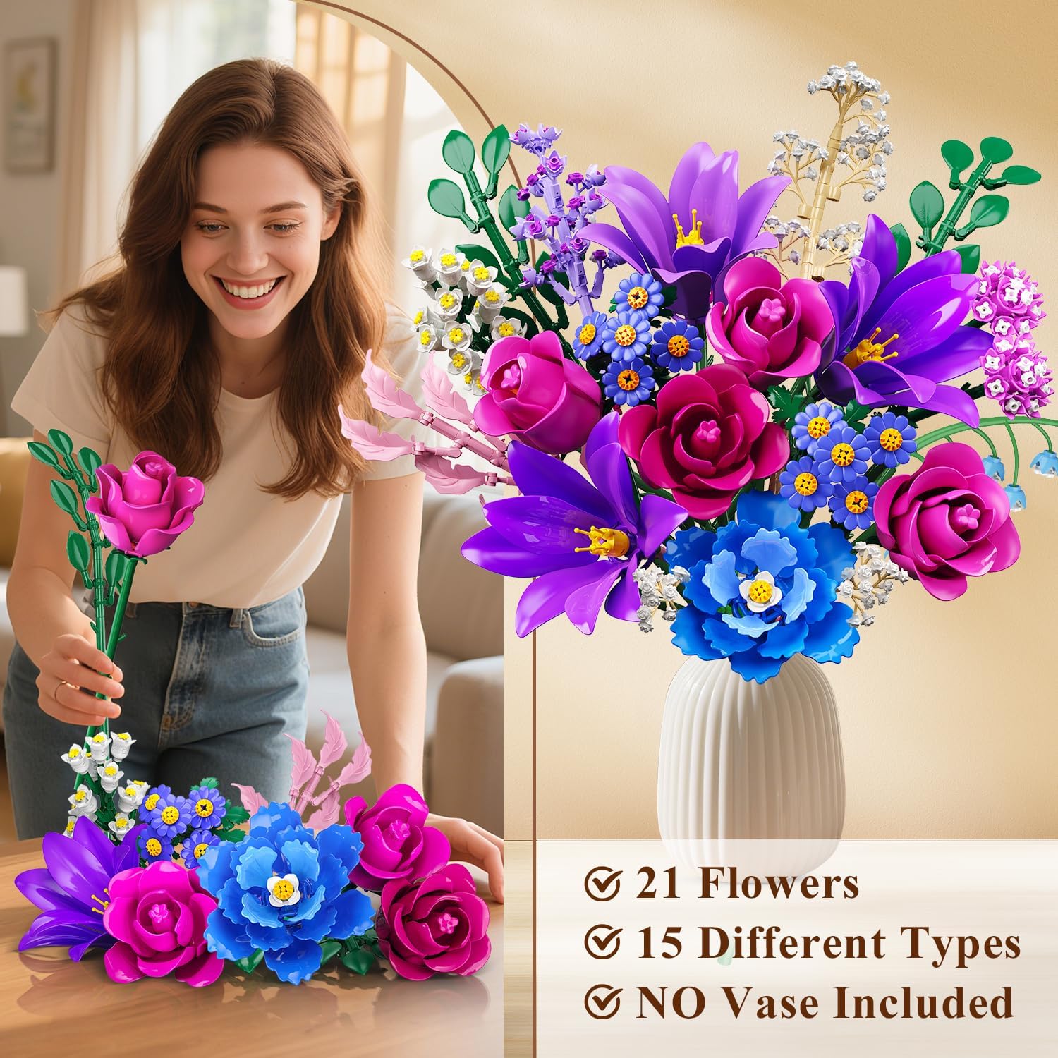 Thumbnail 5 de CUBIMANA Mother’s Day Flowers Bouquet Building Set with LED Light (Purple) – 1054PCS, 21 Flower Botanical Collection
