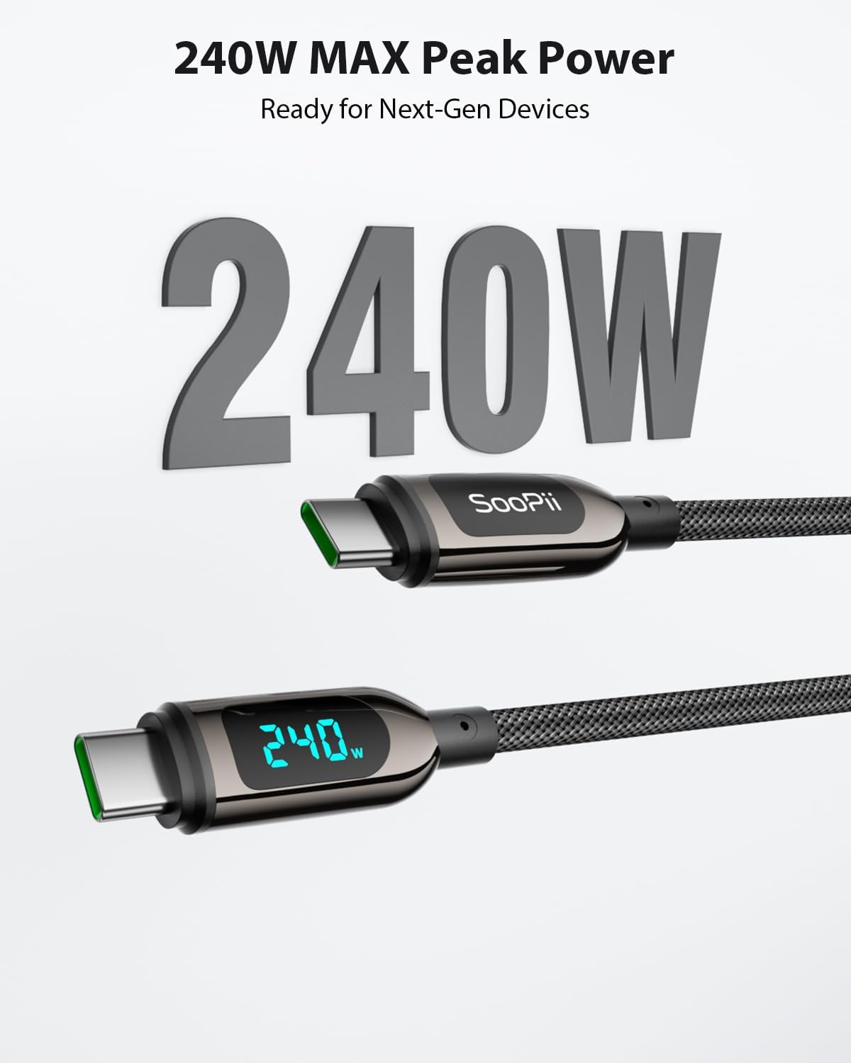 Thumbnail 1 de SooPii 240W USB‑C auf USB‑C Kabel (3 m) mit LED-Display – PD Schnellladekabel für iPhone, iPad, MacBook & Galaxy (schwarz)