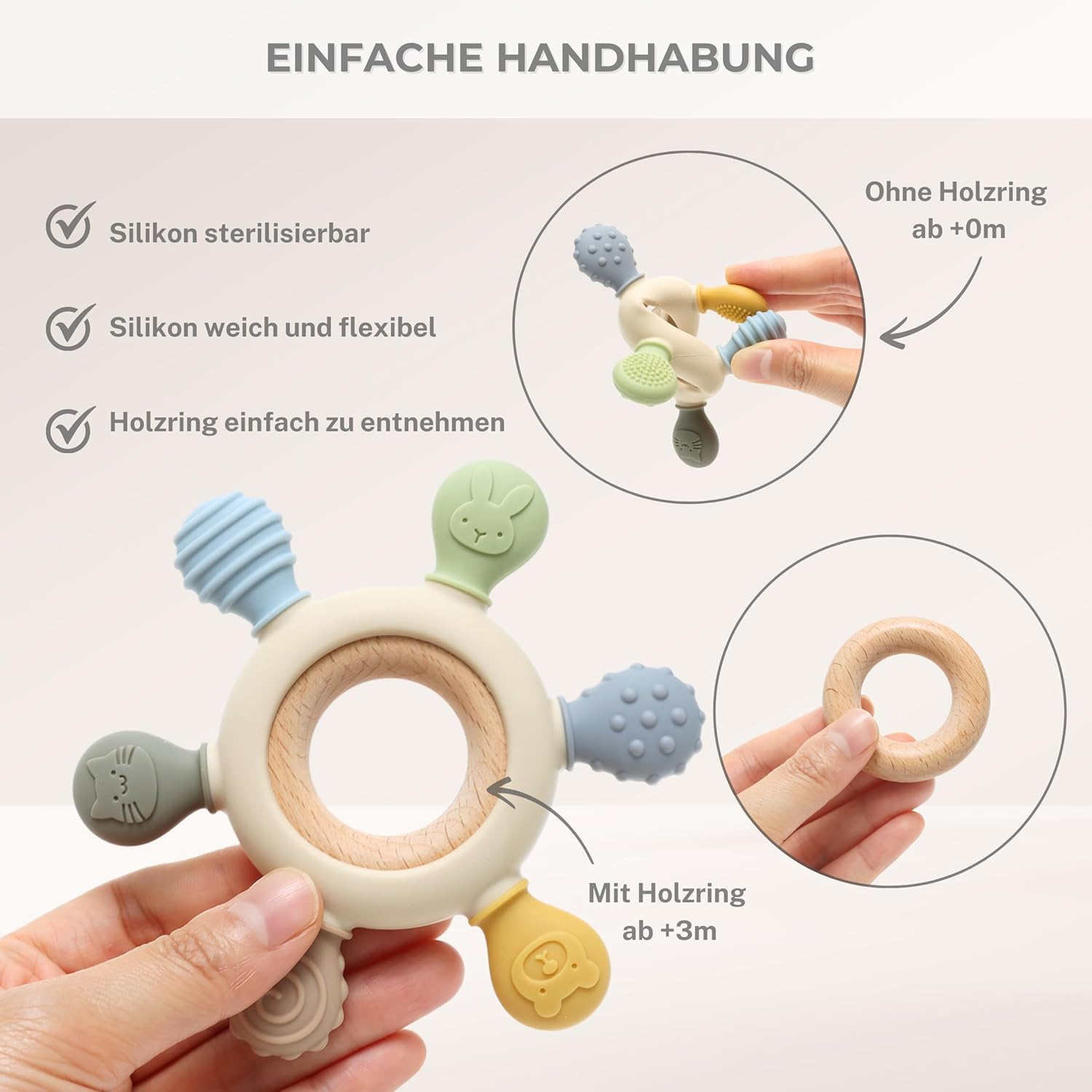 Thumbnail 4 de CAJA Beißring Baby – BPA-freie Zahnungshilfe aus Silikon und FSC-Holz im Tiermotiv