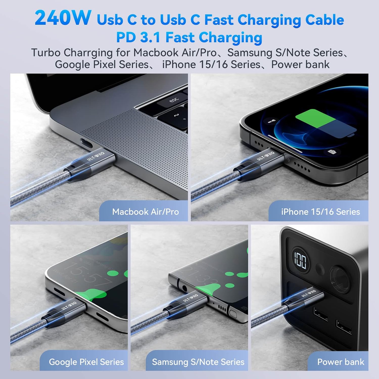 Thumbnail 2 de ULT-WIIQ USB-C to USB-C 3.3 ft Nylon Braided Cable (USB 3.2 Gen 2x2, 20Gbps, PD 3.1 up to 240W, video up to 8K@30Hz)