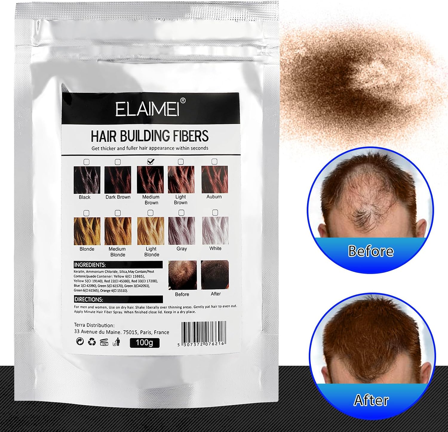 Detalle de Fibre di costruzione dei capelli alla cheratina, polvere professionale 100G – Marrone scuro