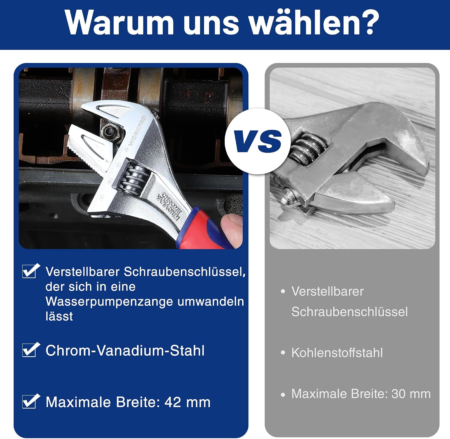 Detalle de WORKPRO 2-in-1 verstellbarer Schraubenschlüssel & Rohrzange/Rollgabelschlüssel (Chrom-Vanadium), 200 mm, max. 42 mm Maulweite