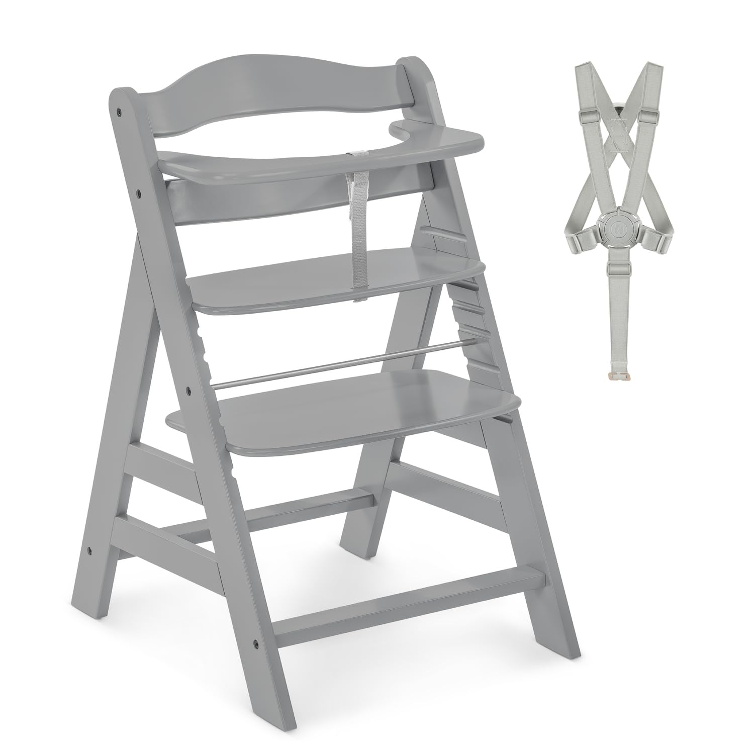 Detalle de hauck Alpha+ Grey – Mitwachsender Holzhochstuhl aus Buche, bis 90 kg, inkl. 5-Punkt-Gurt und Zubehör