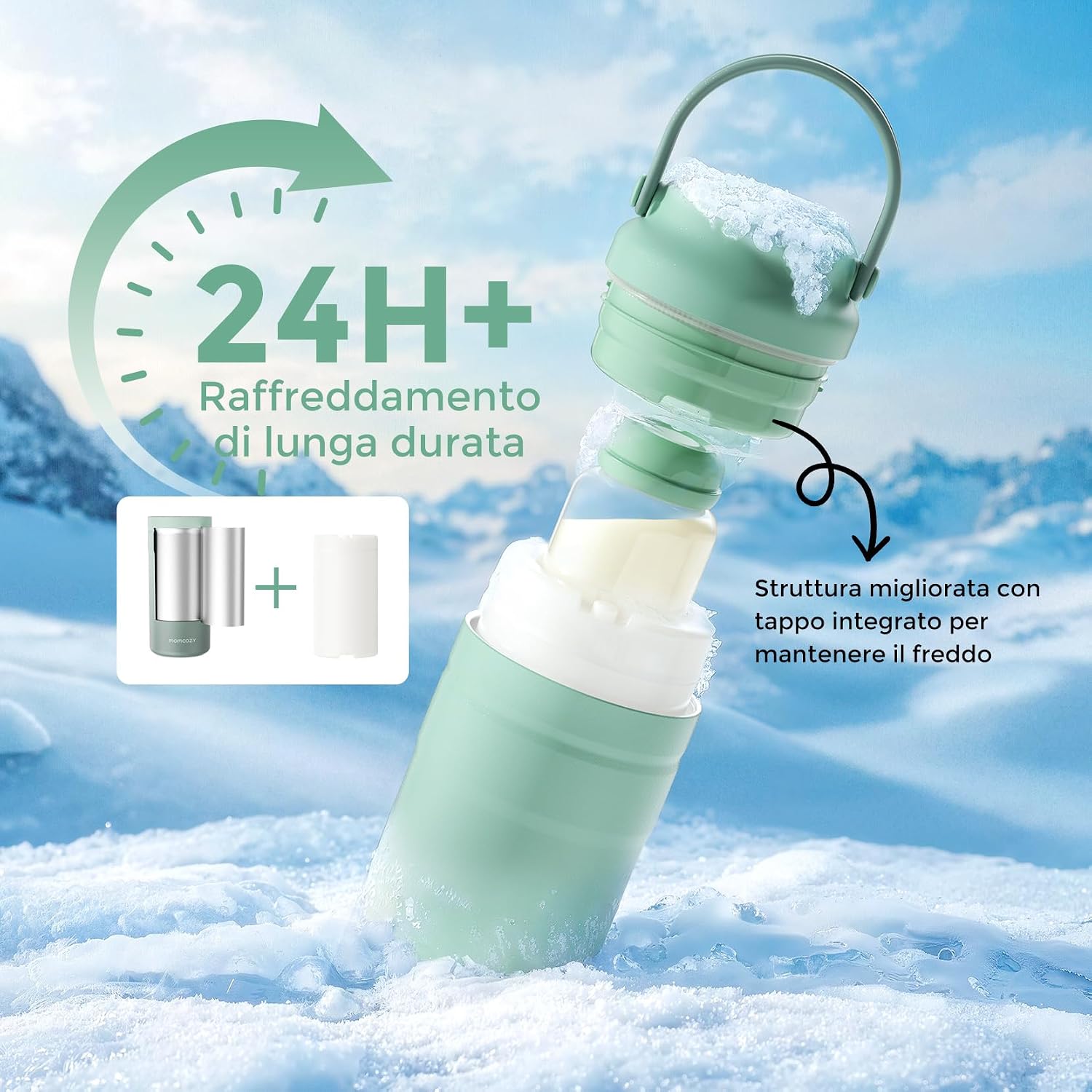 Detalle de Momcozy Refrigeratore Portatile per Latte Materno — Conservazione 24H senza ghiaccio, Bottiglia 355ml a prova di perdita