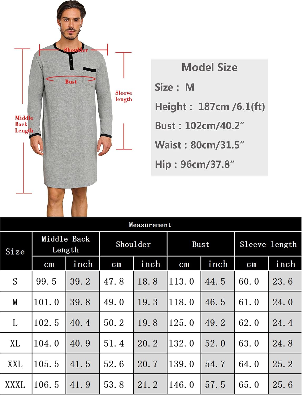 Thumbnail 6 de Uniexcosm Chemise de Nuit pour Hommes – Hauts de Pyjama à Manches Longues et Col Rond