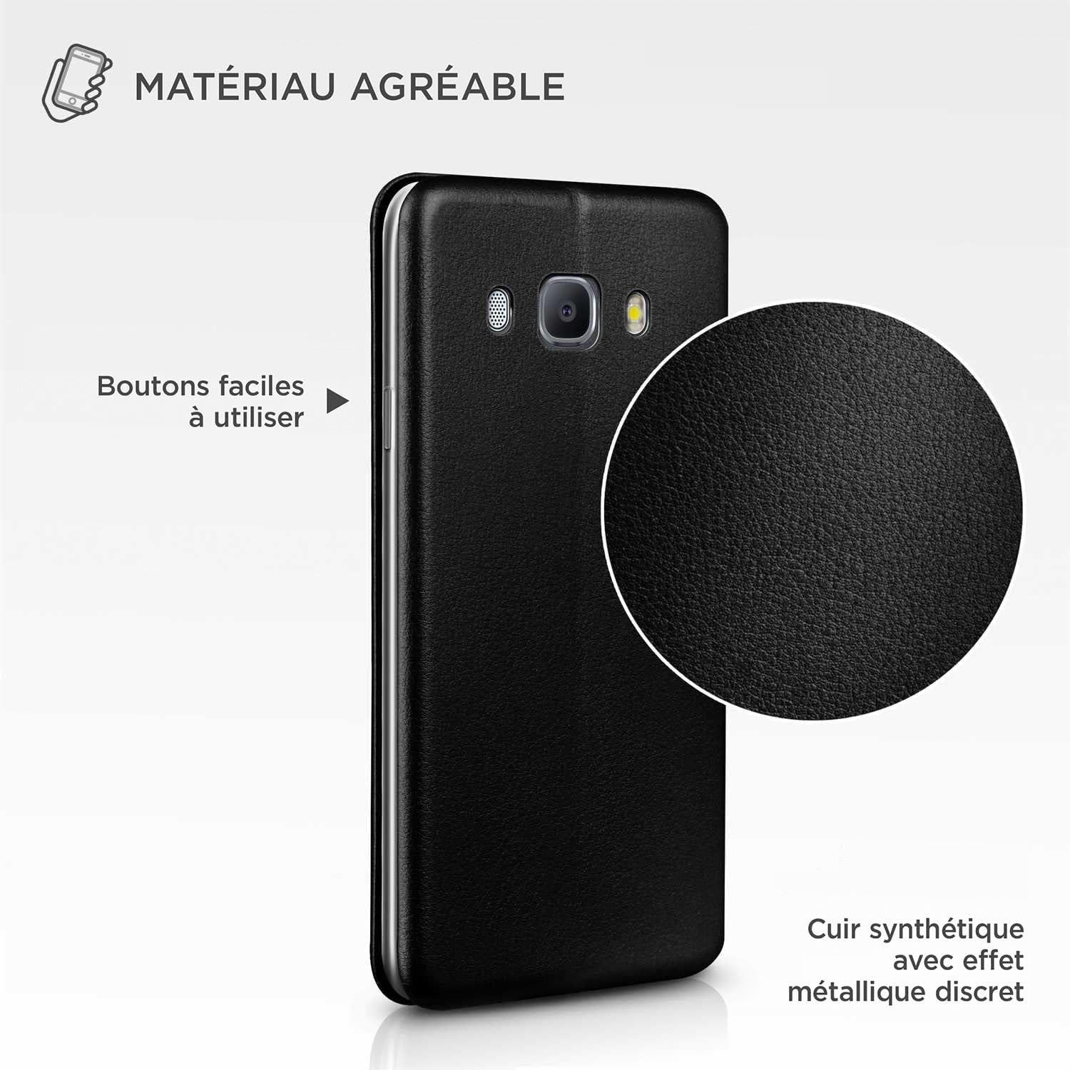 Detalle de OneFlow Étui de téléphone pour Samsung Galaxy J5 (2016) – étui à rabat en cuir avec fente pour carte et bumper silicone, noir