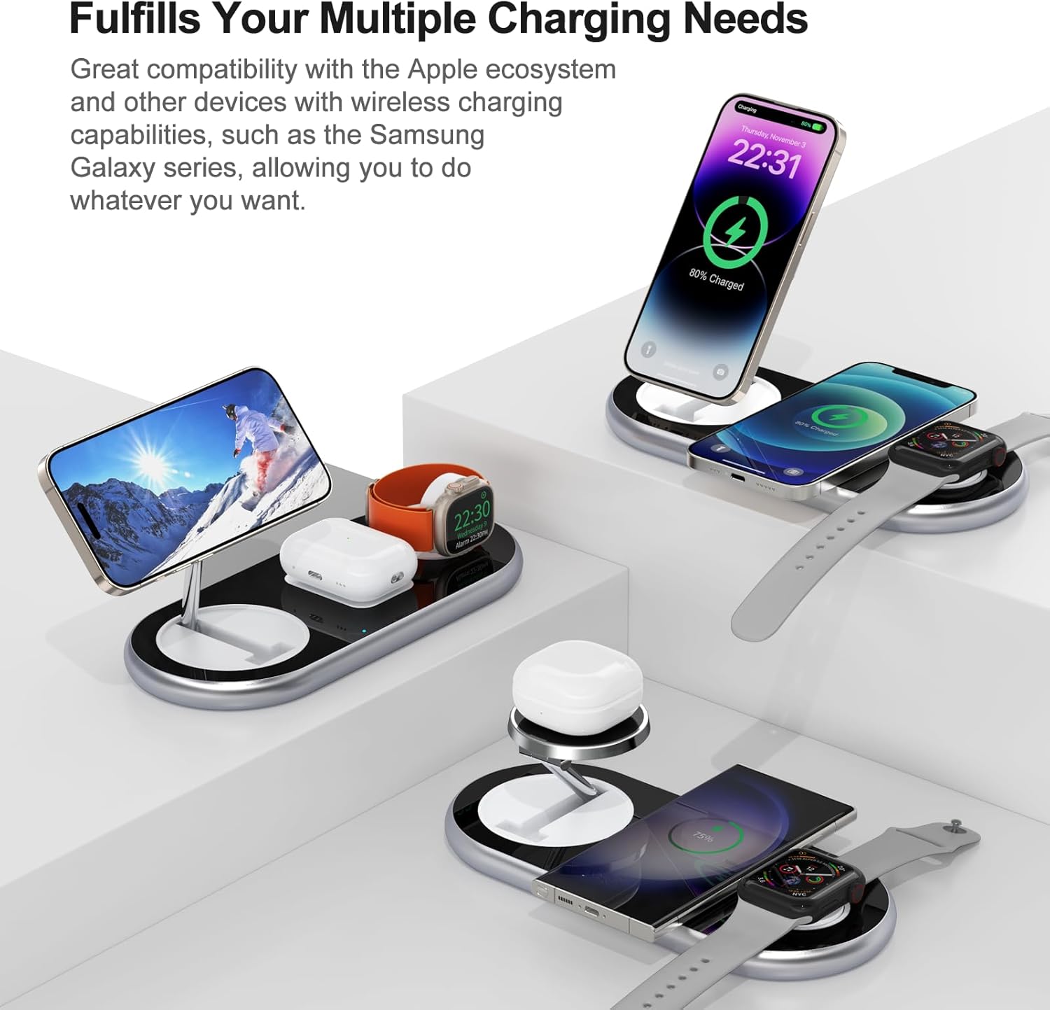 Thumbnail 3 de 3-in-1 Charging Station for Apple Devices (Mag-Safe) with Adjustable Stand for iPhone, Apple Watch & AirPods