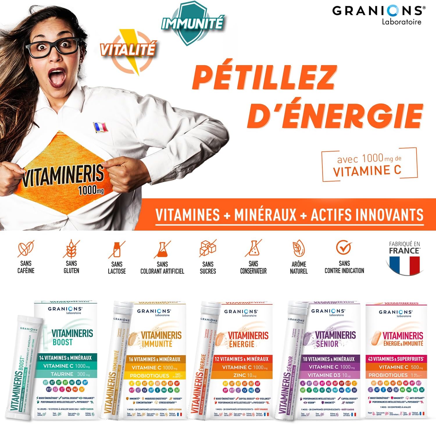 Thumbnail 6 de GRANIONS – Vitamineris Energie & Immunité: Vitamine C 500 mg + Vitamine D + Zinc + B12 – Adultes – 30 comprimés