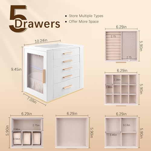 Detalle de Homeanda Jewellery Box, Large 5-Layer Organiser Case with Glass Lid in White