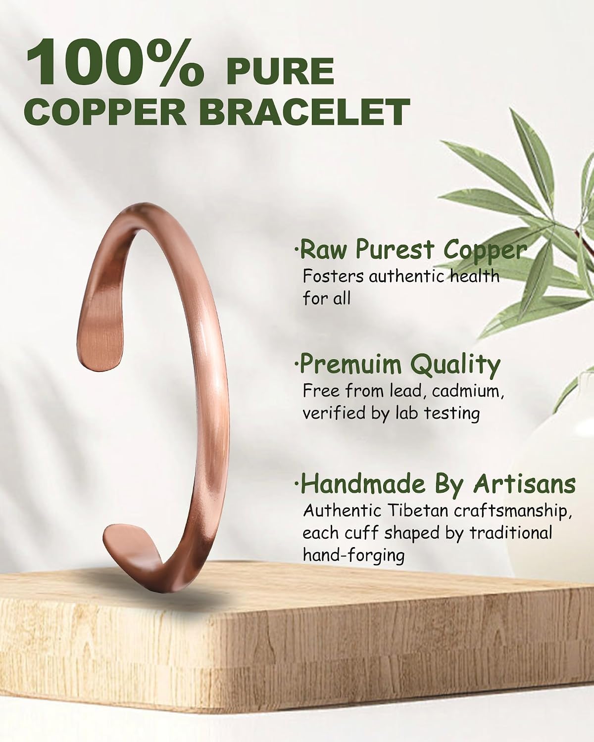 Detalle de MagEnergy 100% Solid Copper Bracelet – Handmade Adjustable Open Cuff