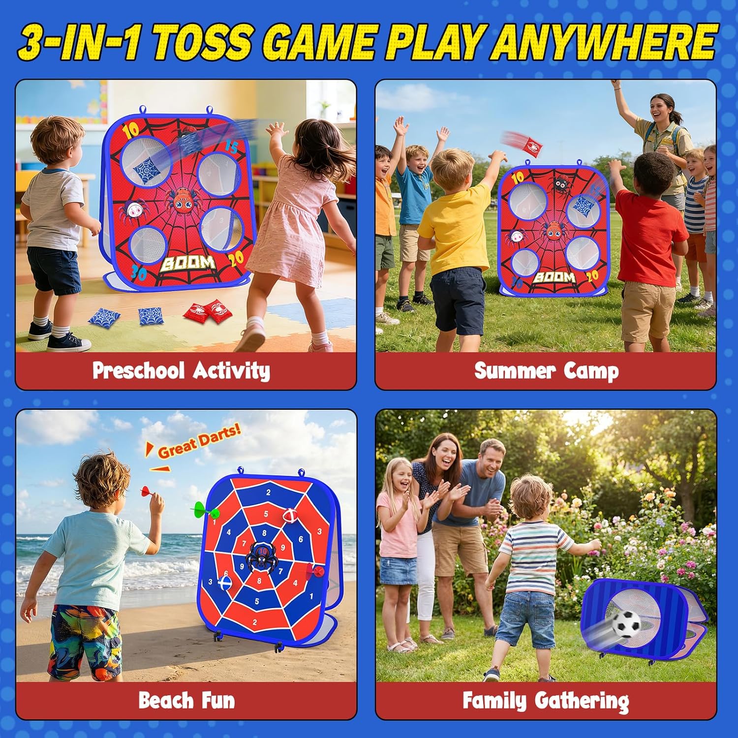 Detalle de Spider Bean Bag Toss Game: 3-in-1 Outdoor Cornhole, Dart & Toddler Football Set