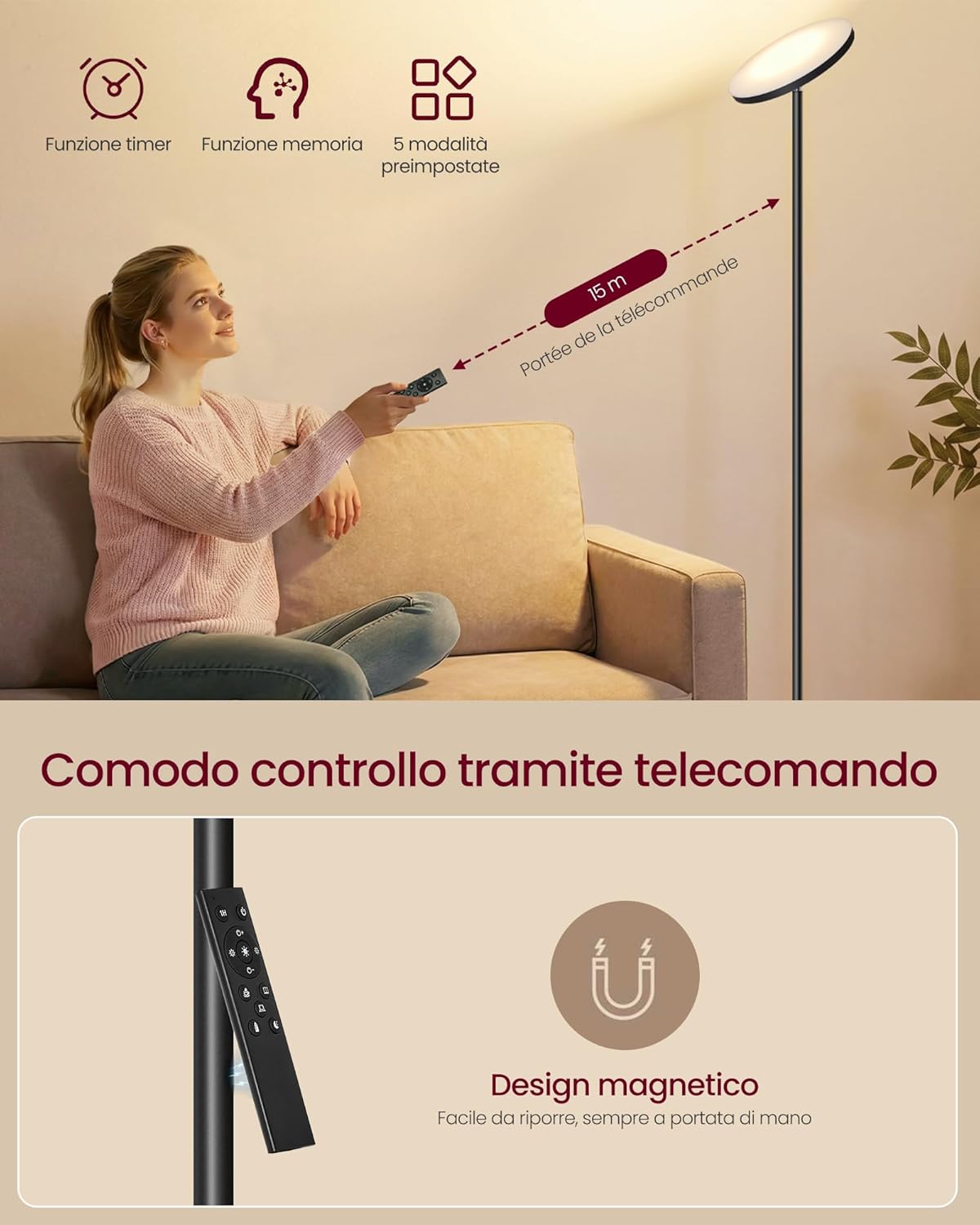 Thumbnail 5 de VASAGLE Lampada da Terra LED 30 W con Testa Orientabile e Telecomando – LFL018BD02