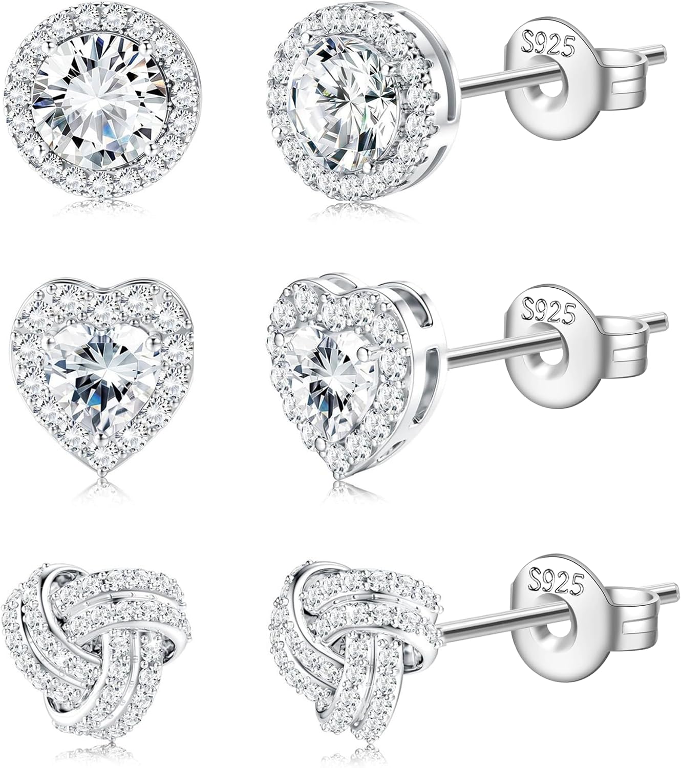Detalle de Geveay 925 Sterling Silver Heart & Knot Stud Earrings – 3 Pairs