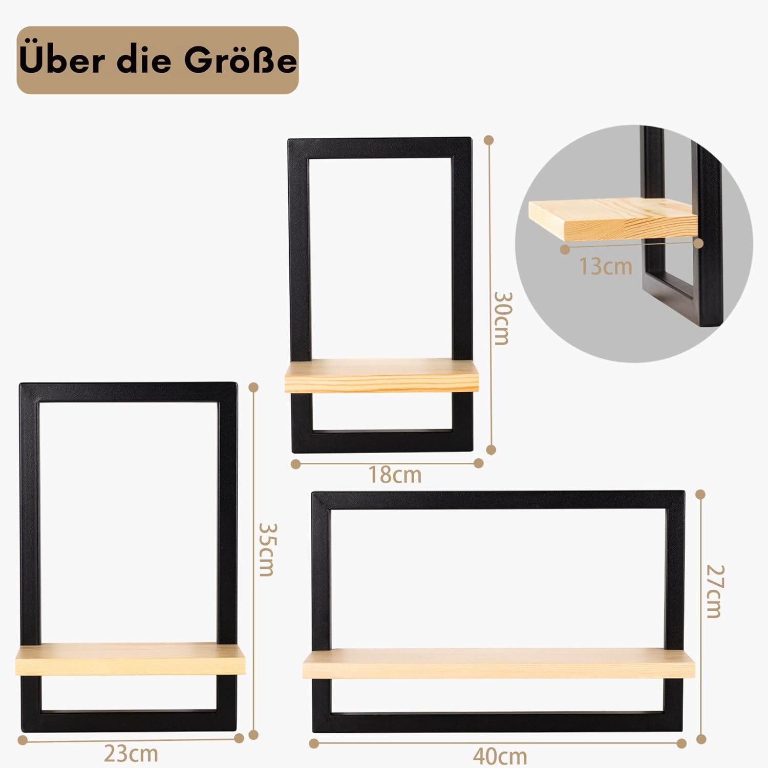 Detalle de hi-home Set mit 3 Wandregalen – schwebende, quadratische Holzwandregale in Braun