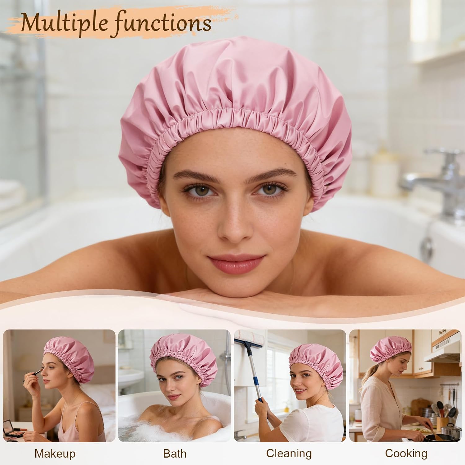 Thumbnail 3 de Doitory Satin Lined Shower Cap for Women – Reusable Waterproof Hair Cap (Large, Pink)