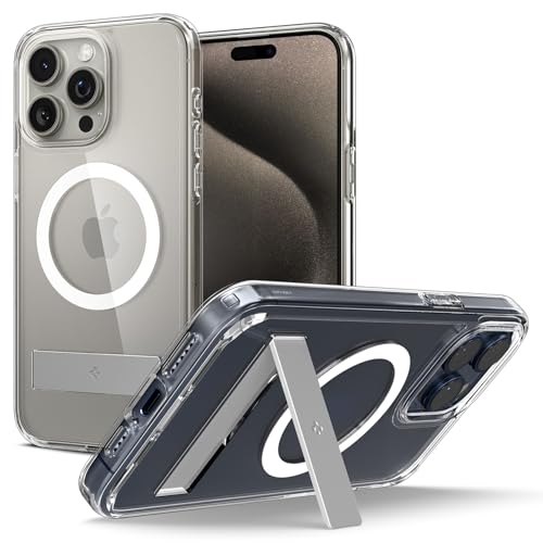 Detalle de Spigen coque magnétique iPhone 15 Pro Max, béquille kickstand, TPU – transparent ⚡