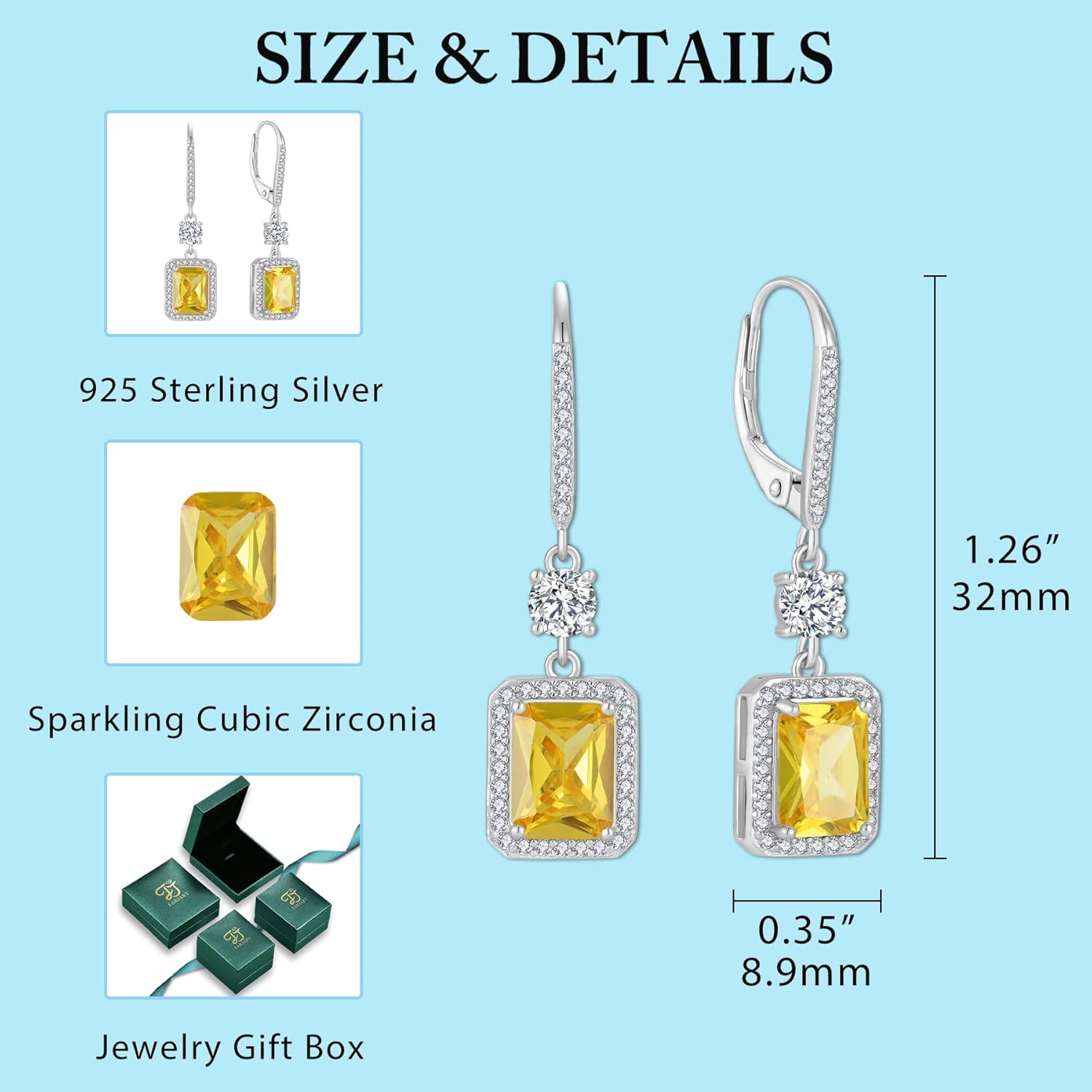 Thumbnail 5 de Rectangular Cut Dangle Drop Earrings in 925 Sterling Silver with Birthstone & Leverback Clasp