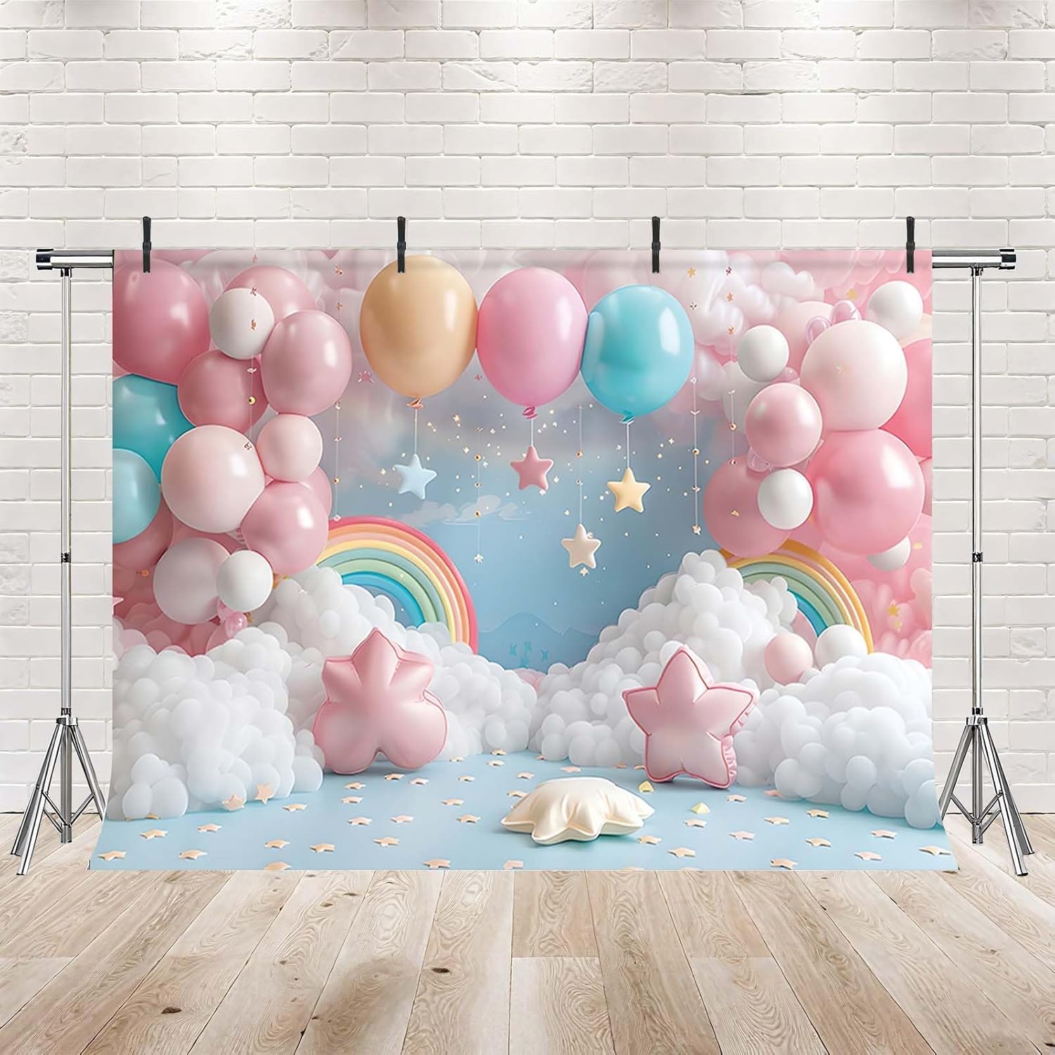 Thumbnail 1 de MEHOFOND 7x5ft Pink Girl Birthday Photography Backdrop (cloud, rainbow, balloons & stars) for cake smash and party photos