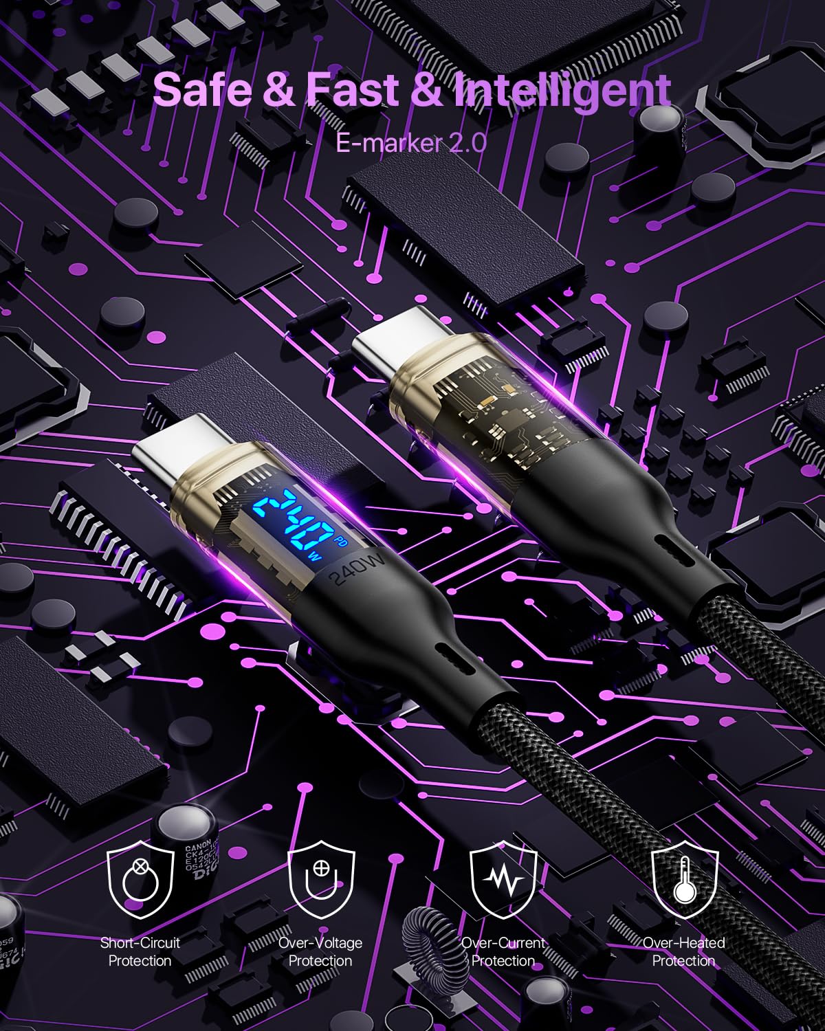 Thumbnail 1 de VisionSync 240W USB-C auf USB-C Transparentes Kabel mit LED-Anzeige – 1,2 m, 2er Pack