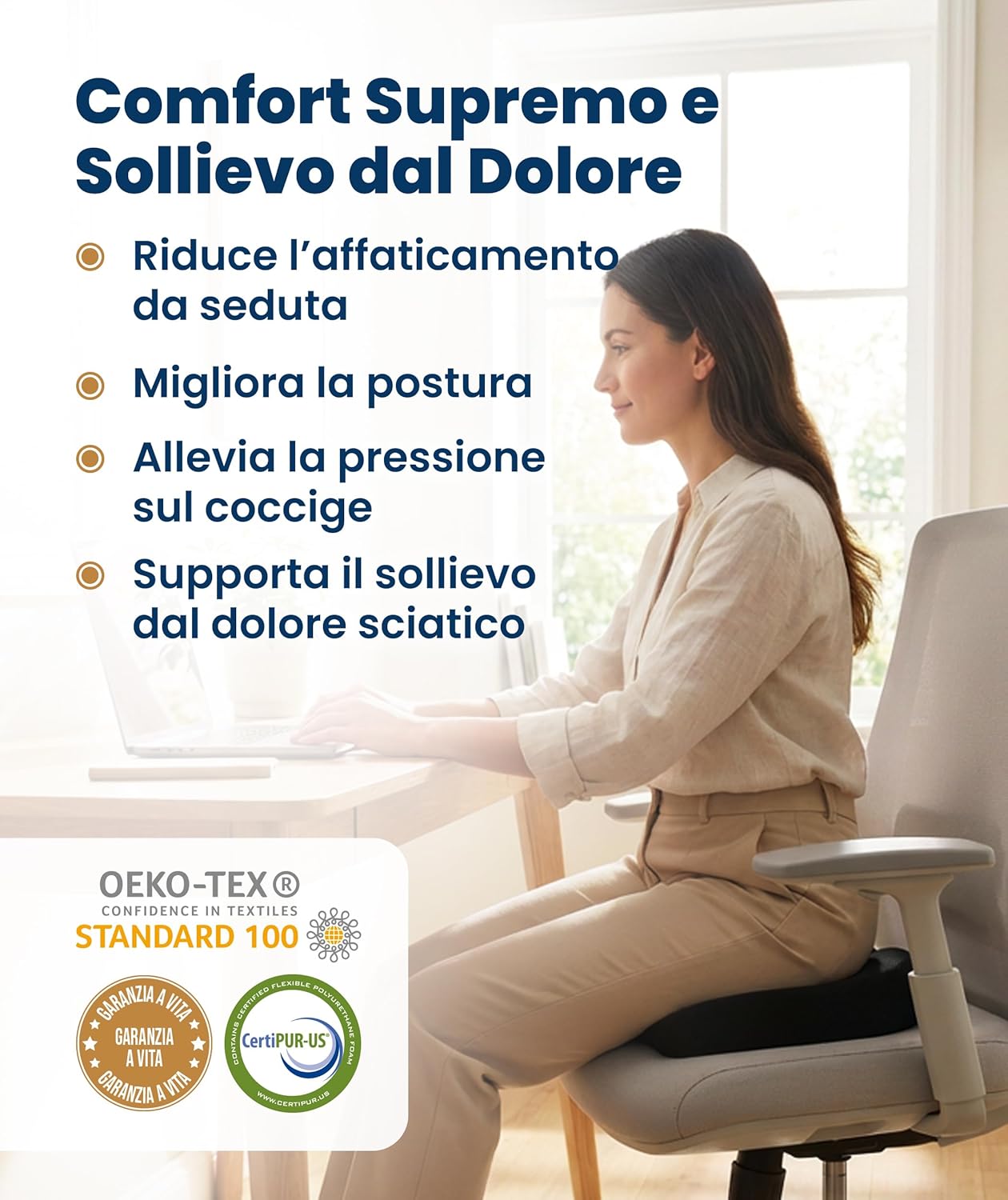 Thumbnail 1 de Everlasting Comfort Cuscino Seduta Memory Foam – supporto ergonomico a U per ufficio, auto e viaggio (Grande, Nero)