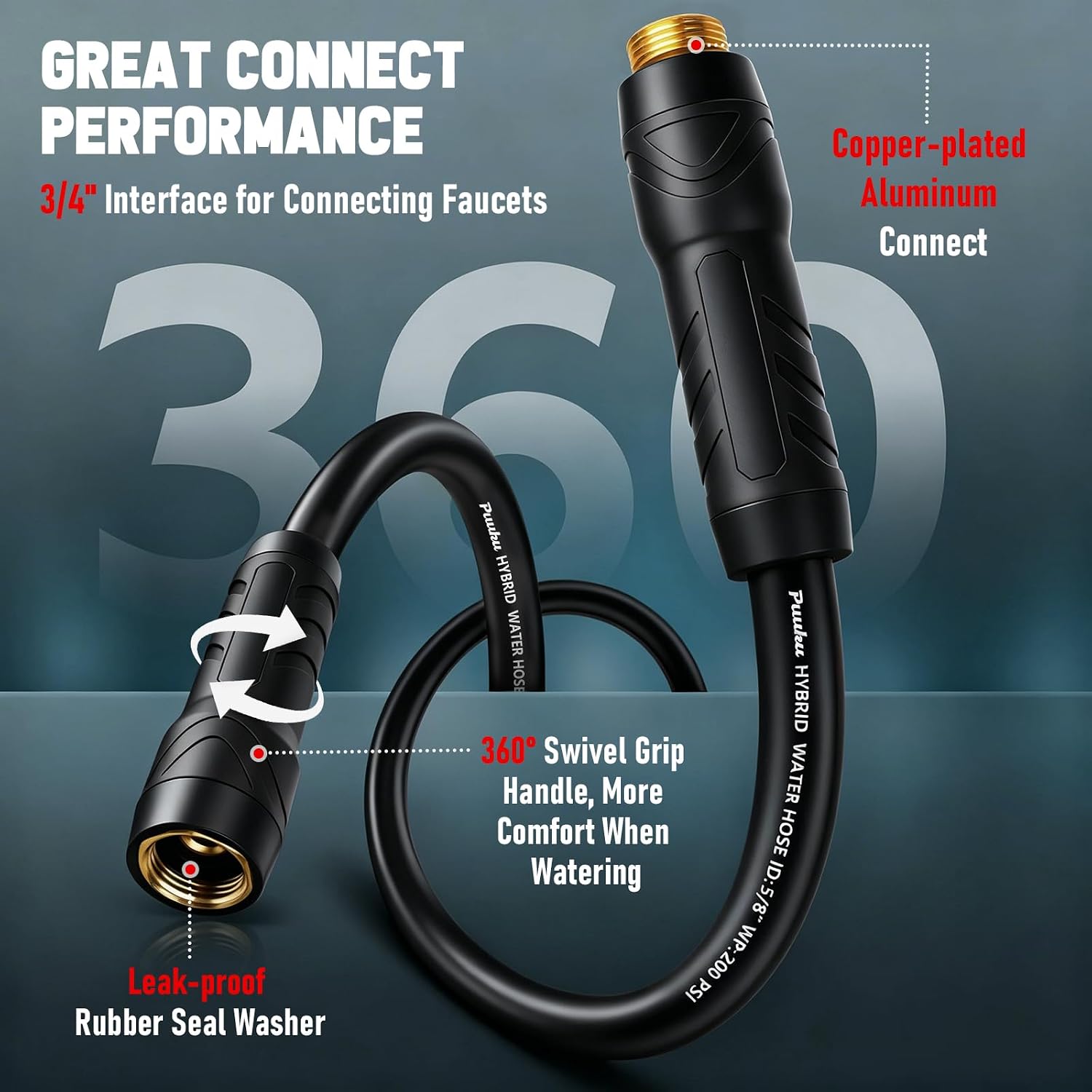 Detalle de PUUKU 100 ft Garden Hose, 5/8-Inch Hybrid, 600 PSI Burst Pressure