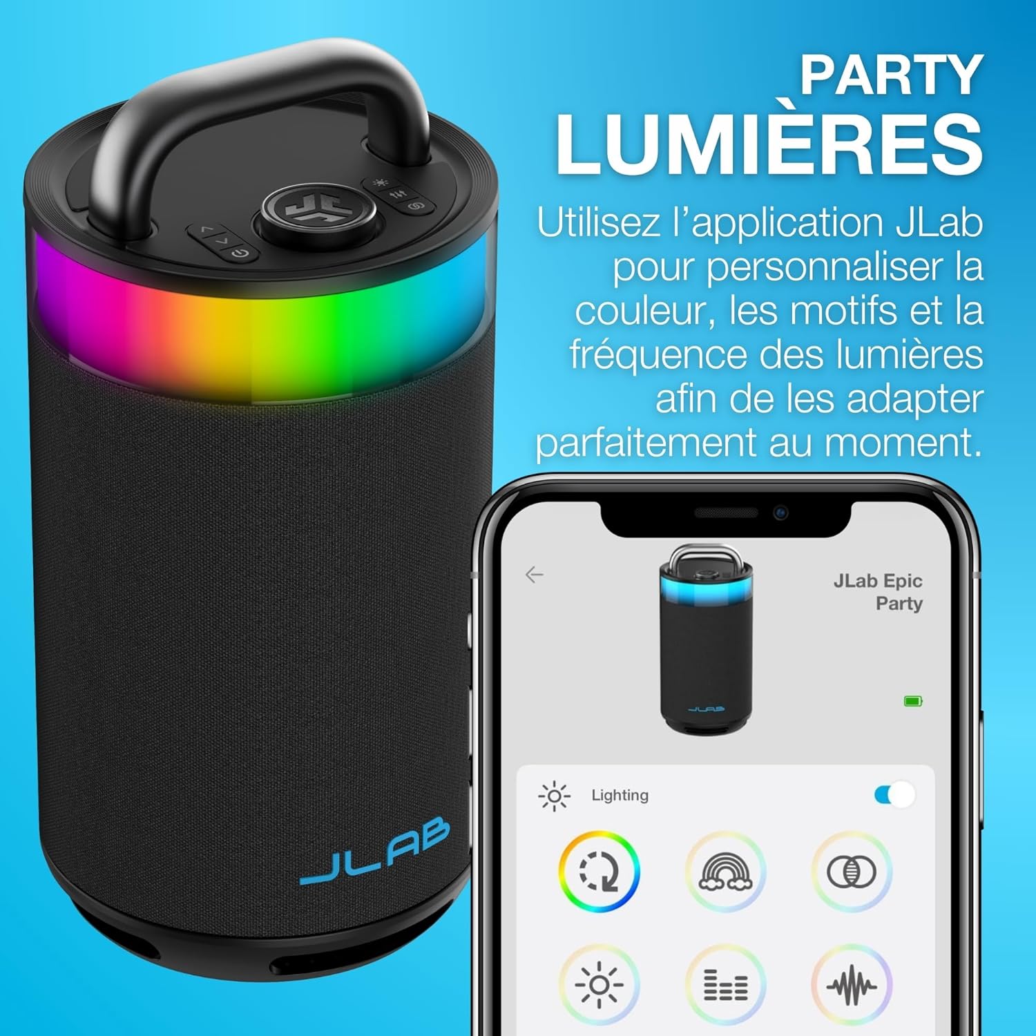 Detalle de JLab Epic Party enceinte Bluetooth portable 100W IP56, autonomie jusqu’à 16 h et lumières RGB