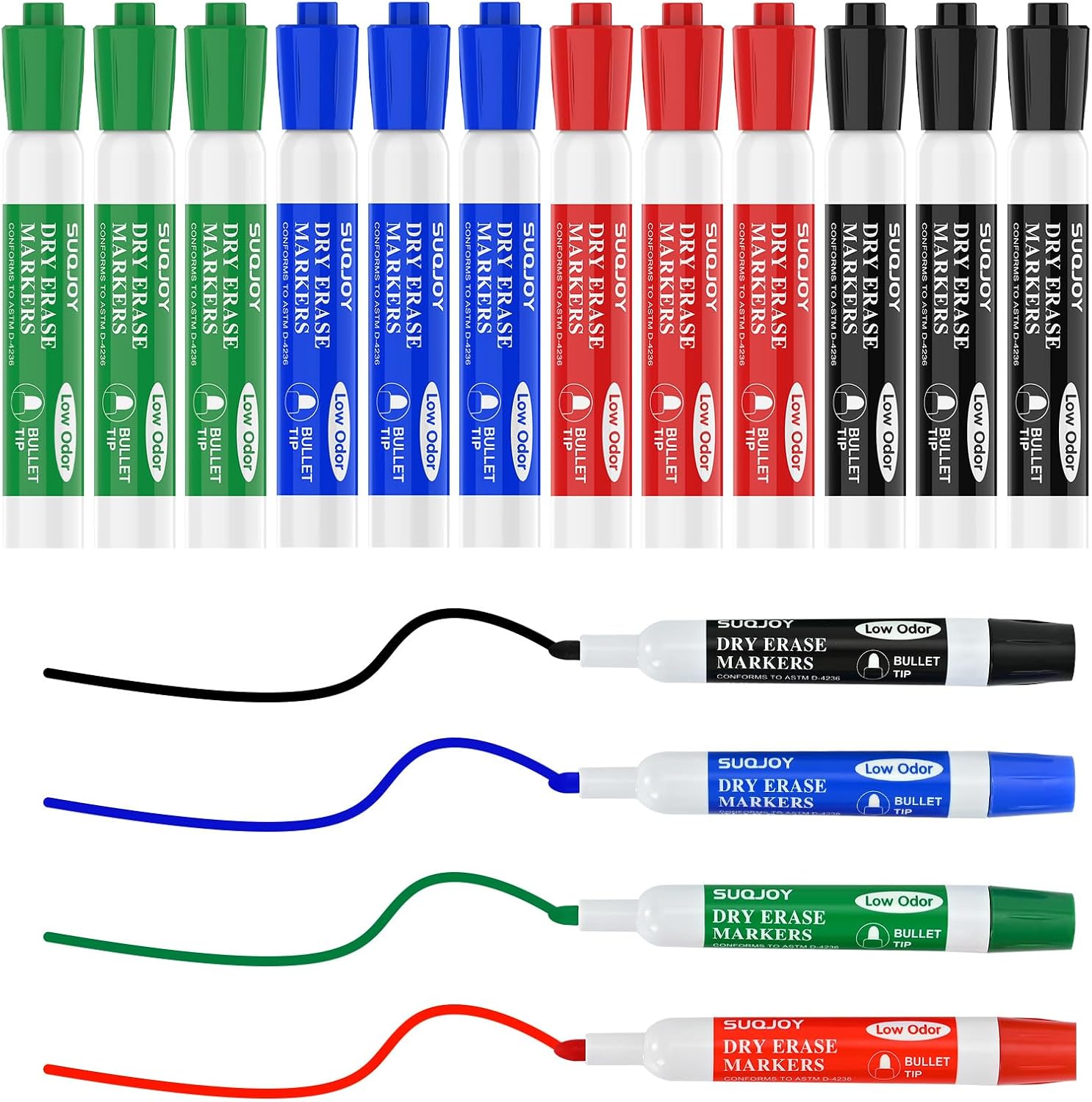 Detalle de SUQJOY Stylos pour Tableau Blanc – Lot de 12, 4 couleurs, pointe ogive, faible odeur