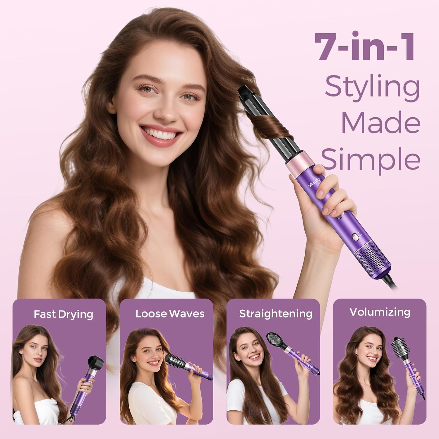 Thumbnail 2 de Vincofy 7-in-1 Blow Dryer Brush Set: All-in-One Hot Air Styler for Fast Drying, Curling, Straightening & Volumizing (Lilac)